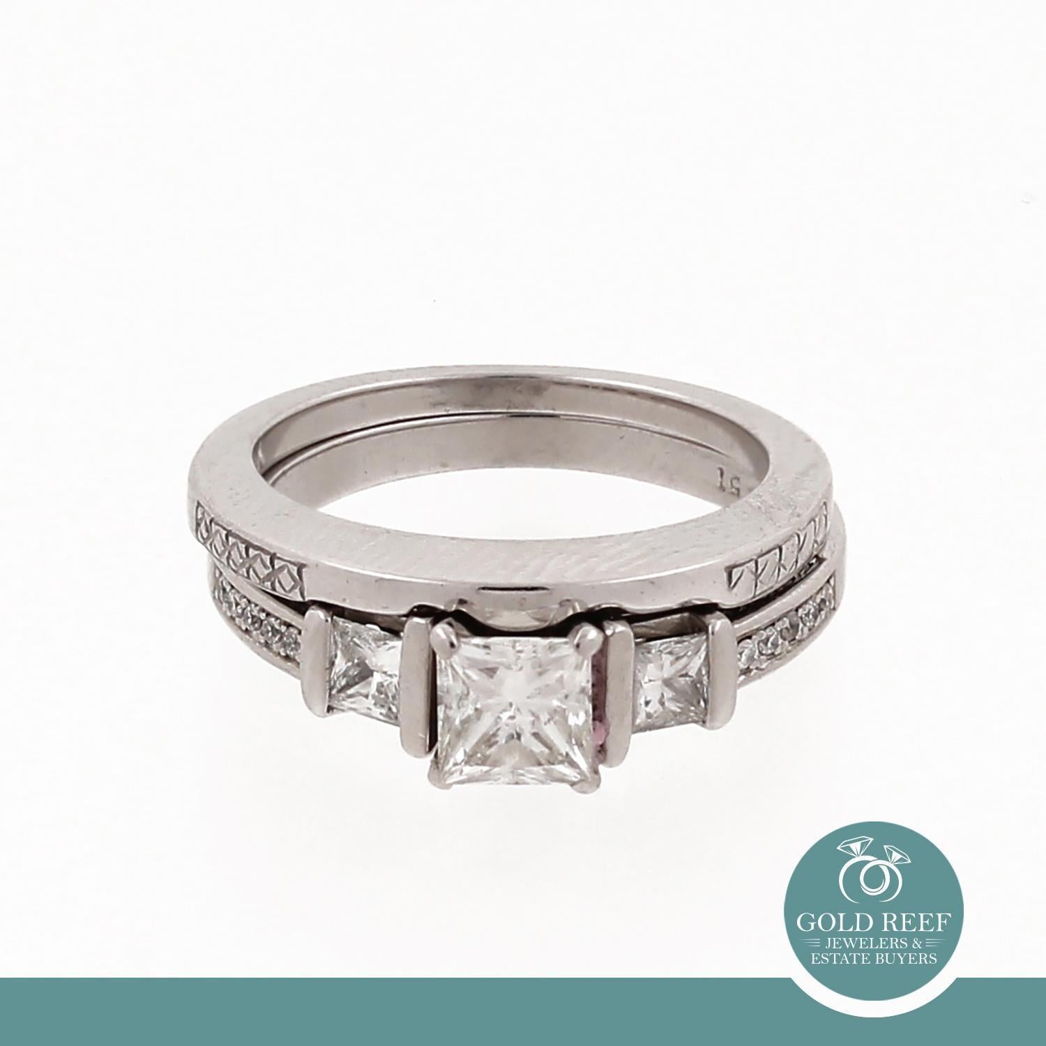 3-Stone Princess Cut Diamond Accent Wedding Ring Set 14K White Gold Size 6.75