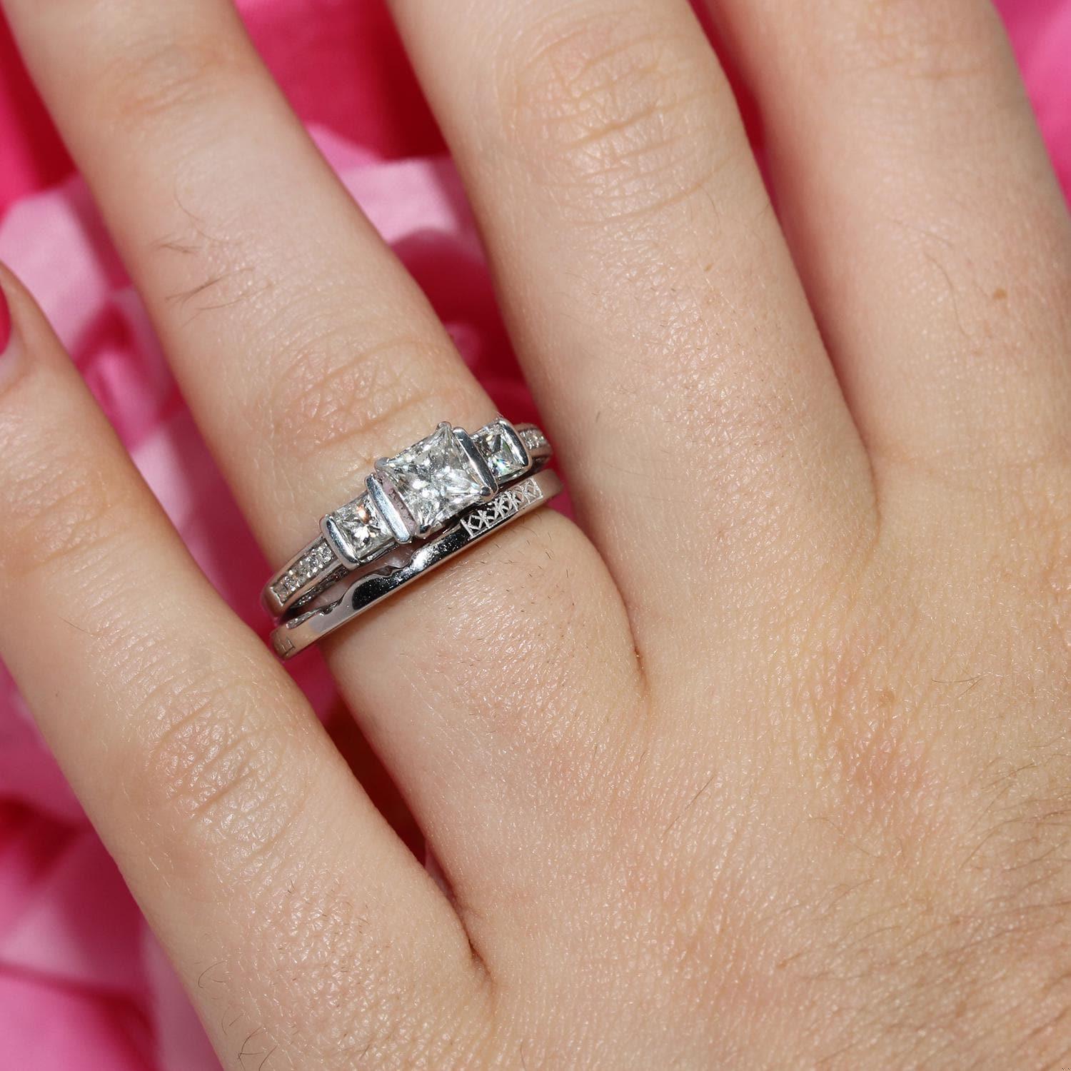 3-Stone Princess Cut Diamond Accent Wedding Ring Set 14K White Gold Size 6.75