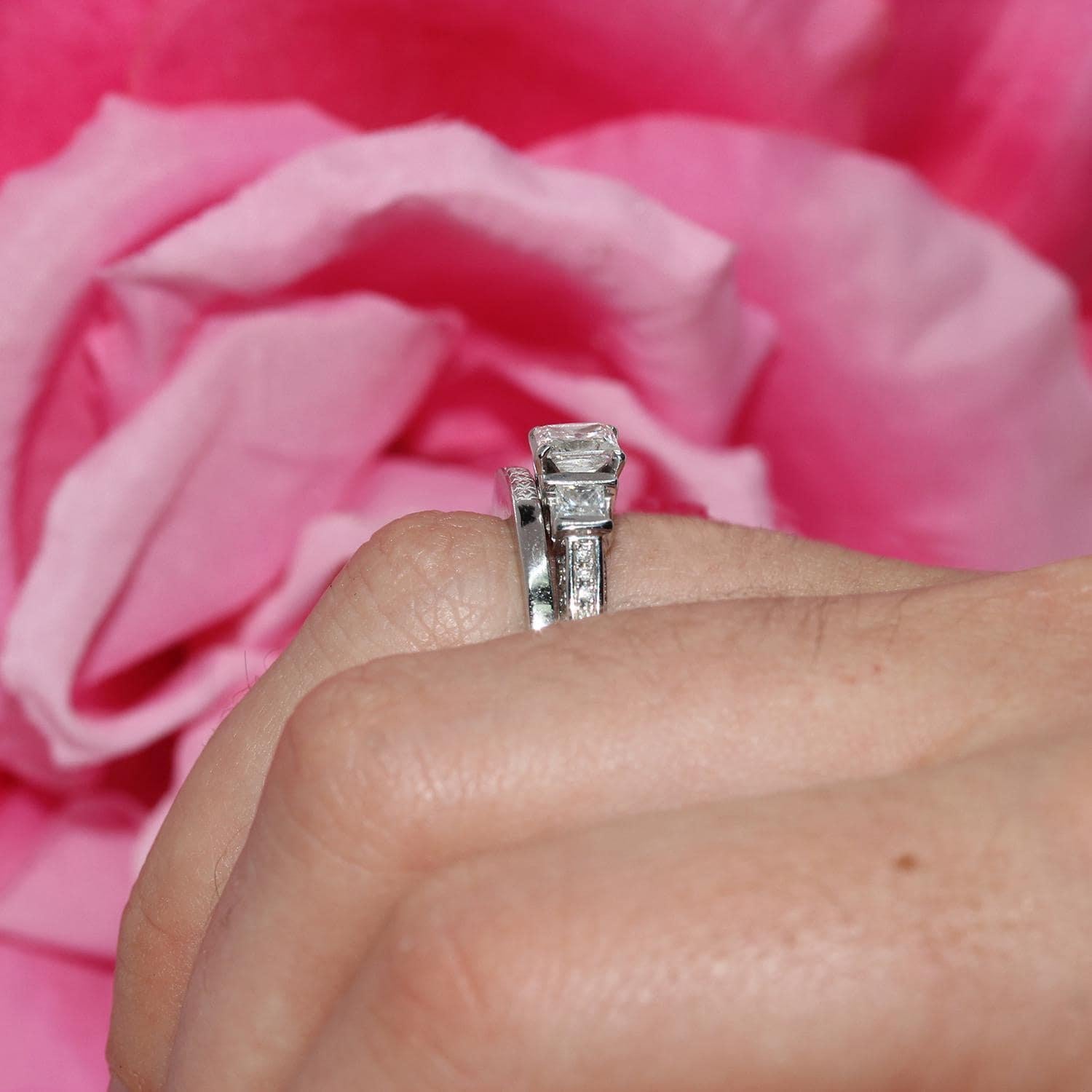 3-Stone Princess Cut Diamond Accent Wedding Ring Set 14K White Gold Size 6.75