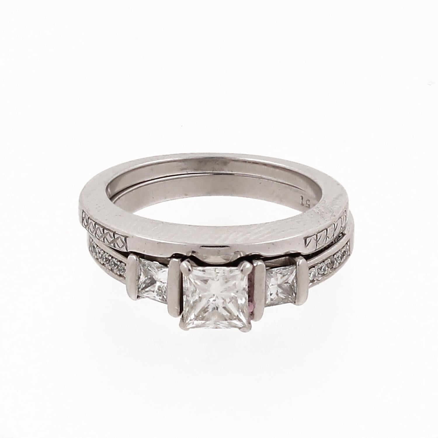 3-Stone Princess Cut Diamond Accent Wedding Ring Set 14K White Gold Size 6.75