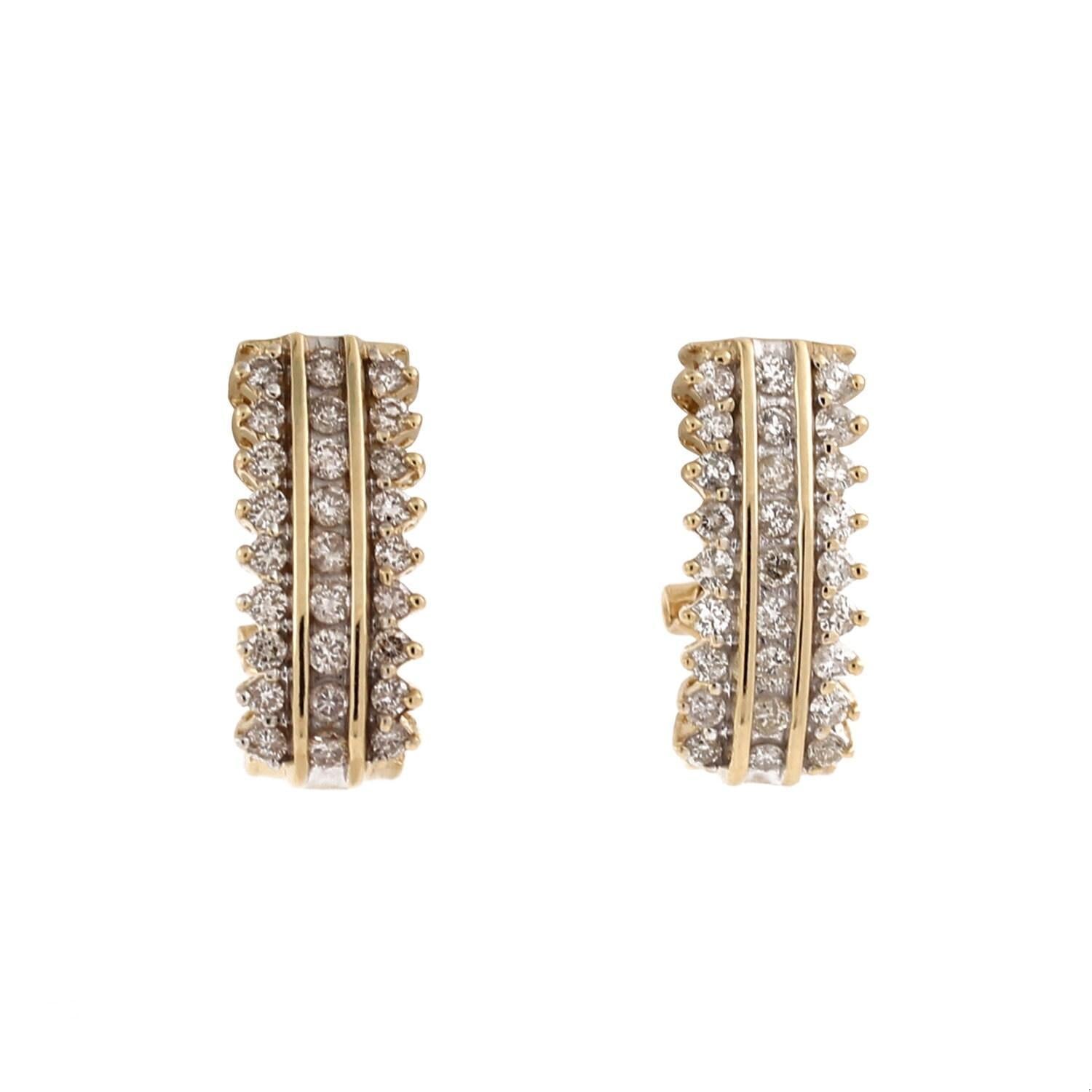 1.33 TW 3-Row Diamond J Hoop Earrings 14K Yellow Gold Omega Backs 0.65" Estate