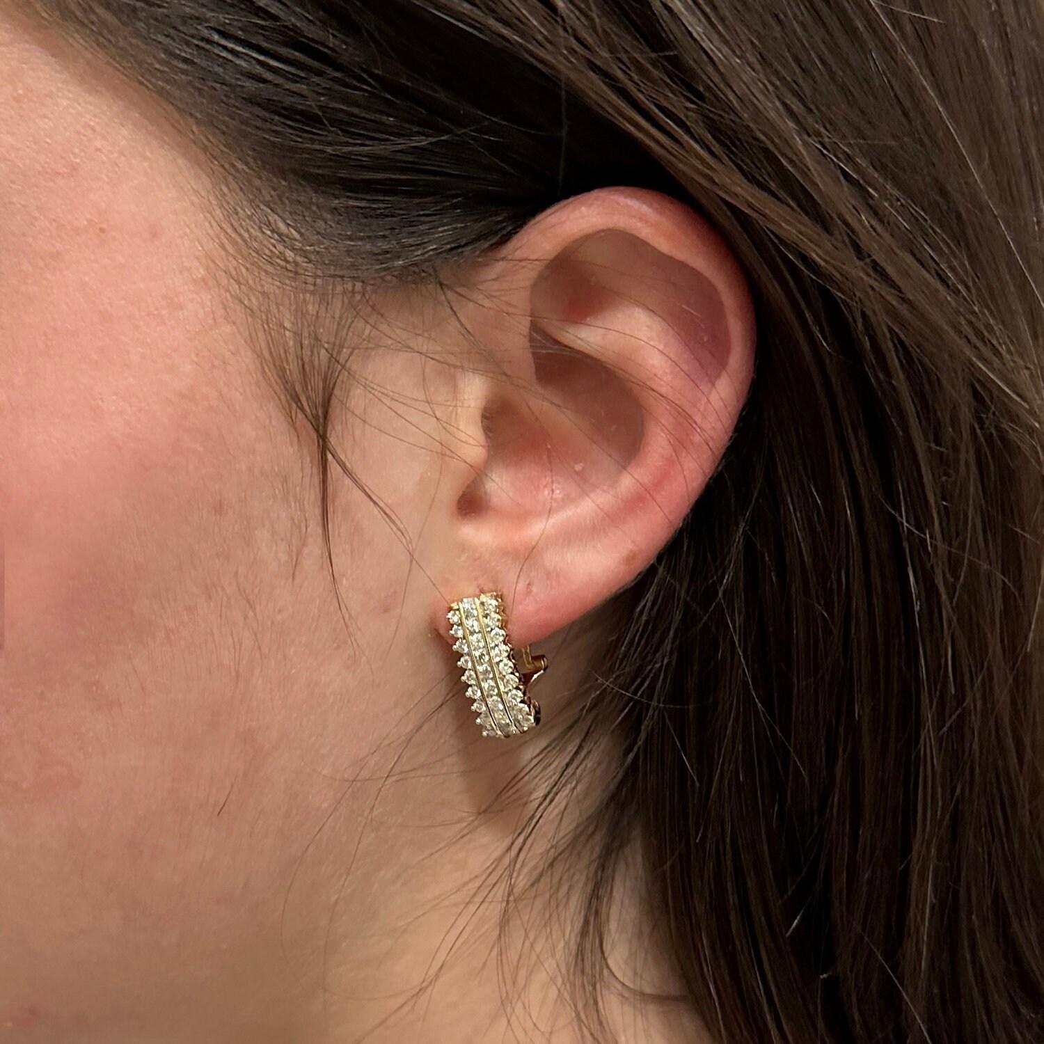 1.33 TW 3-Row Diamond J Hoop Earrings 14K Yellow Gold Omega Backs 0.65" Estate