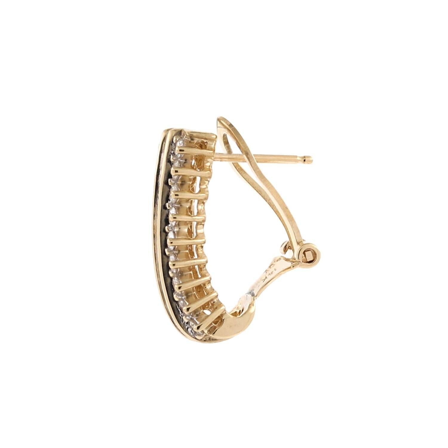 1.33 TW 3-Row Diamond J Hoop Earrings 14K Yellow Gold Omega Backs 0.65" Estate