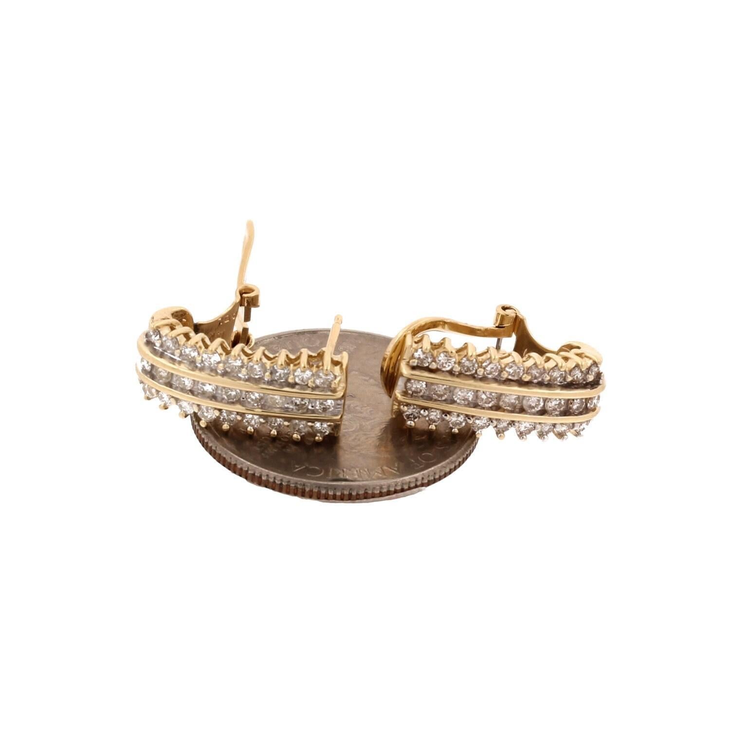 1.33 TW 3-Row Diamond J Hoop Earrings 14K Yellow Gold Omega Backs 0.65" Estate