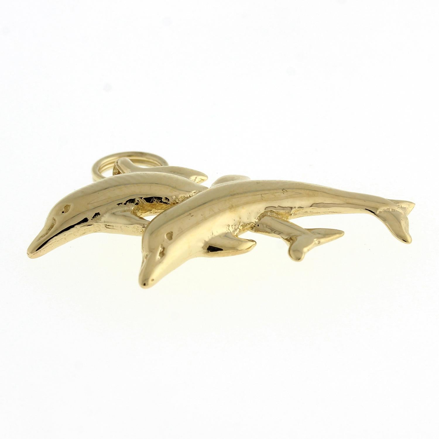 Dolphins Pendant Charm 14K Yellow Gold Pair of Dolphins Marine Sea Life 1"