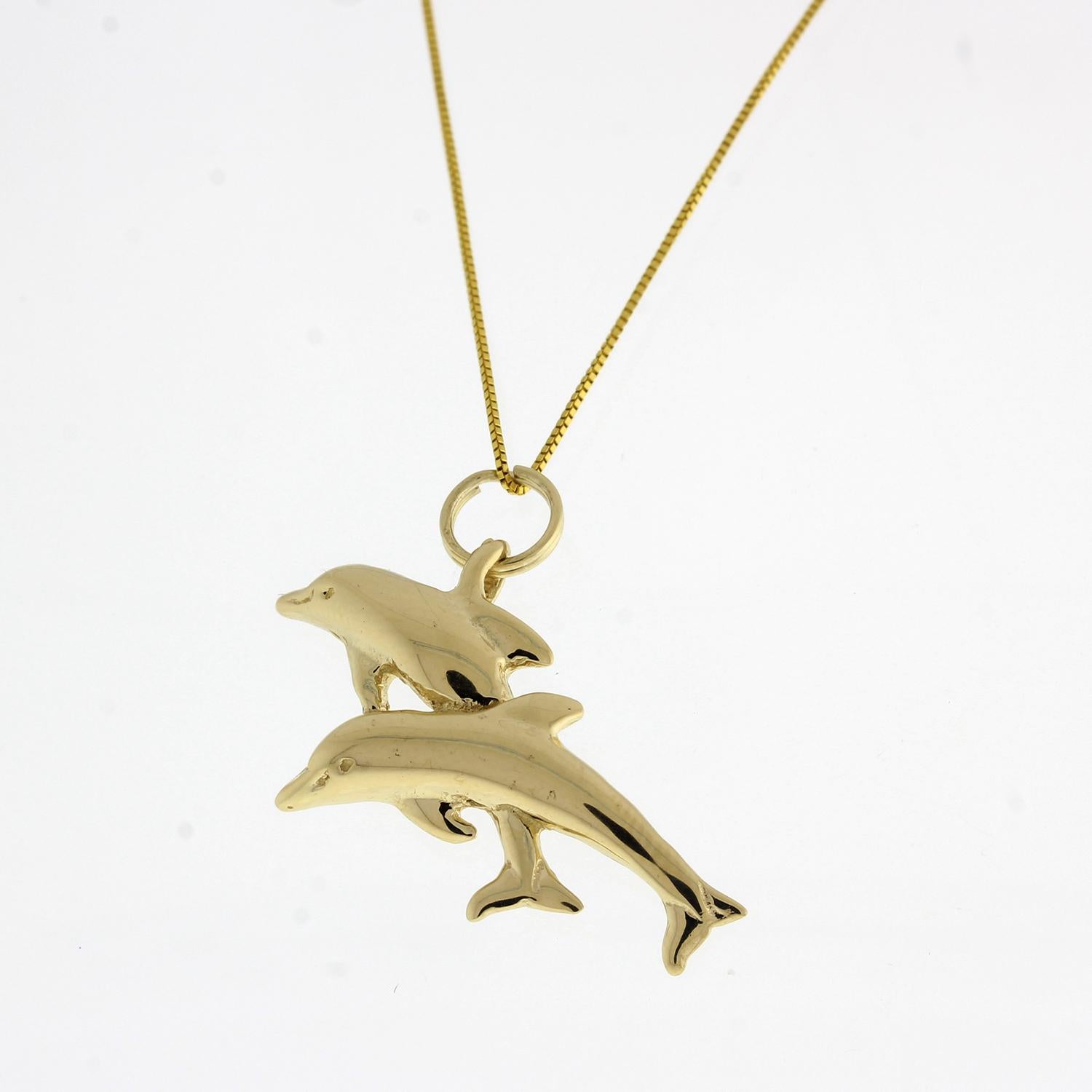 Dolphins Pendant Charm 14K Yellow Gold Pair of Dolphins Marine Sea Life 1"