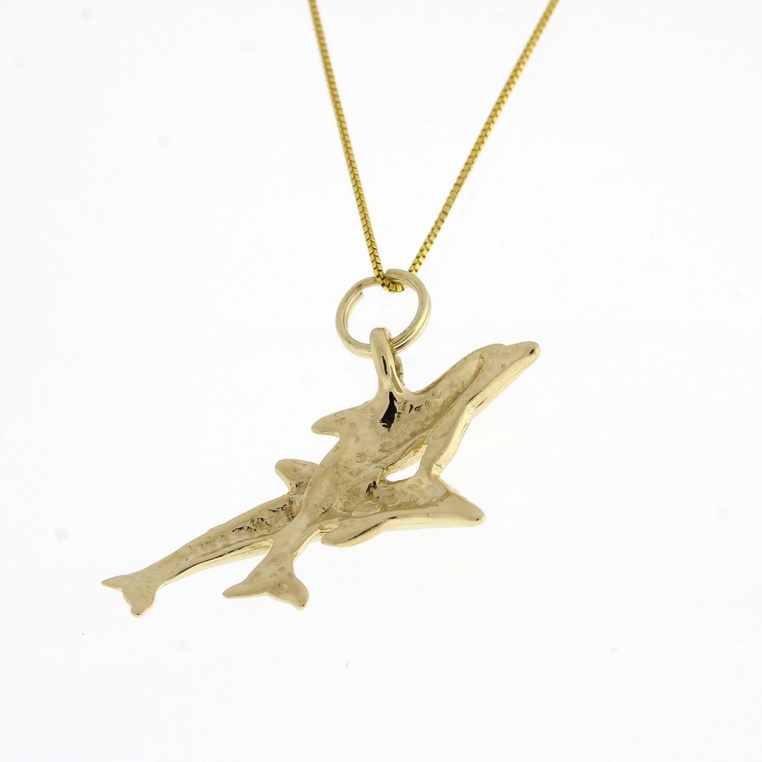 Dolphins Pendant Charm 14K Yellow Gold Pair of Dolphins Marine Sea Life 1"