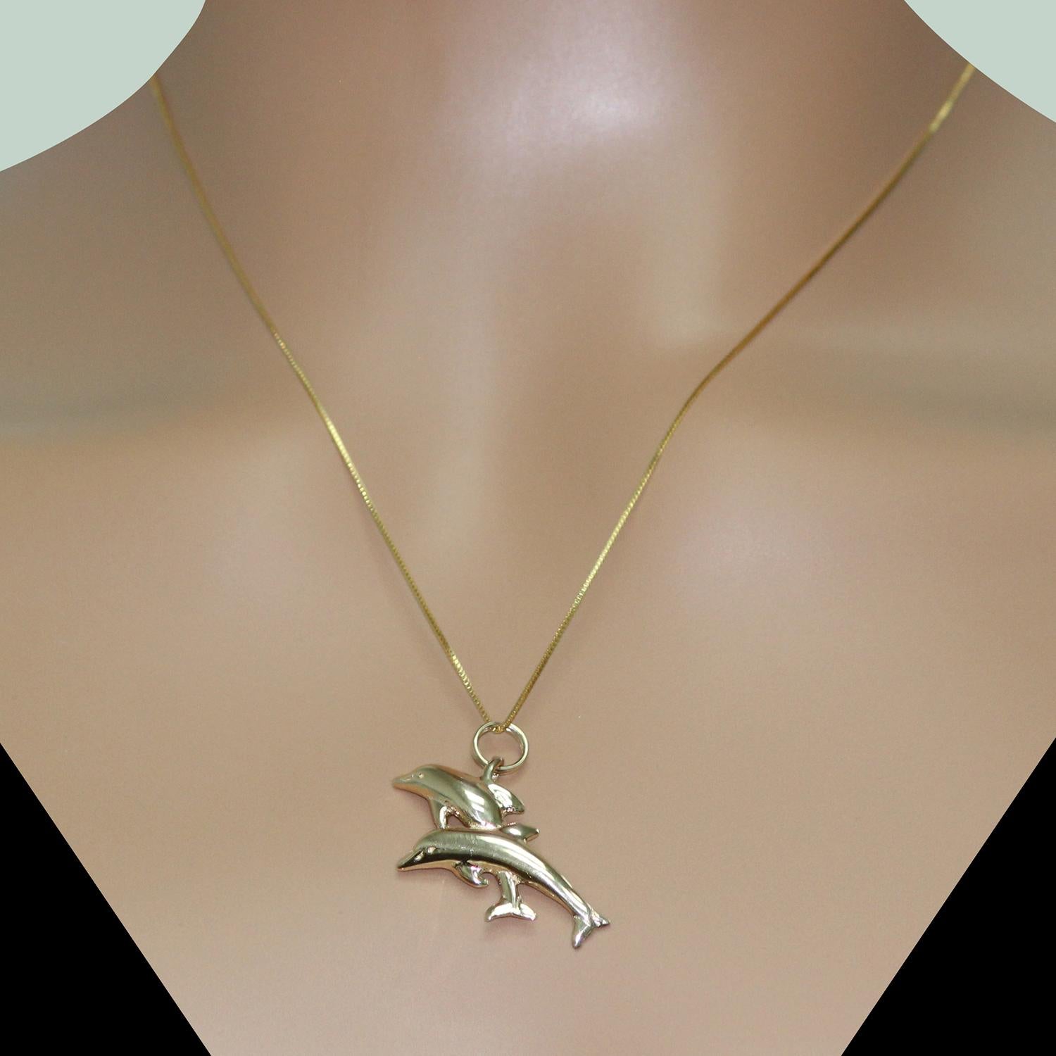 Dolphins Pendant Charm 14K Yellow Gold Pair of Dolphins Marine Sea Life 1"