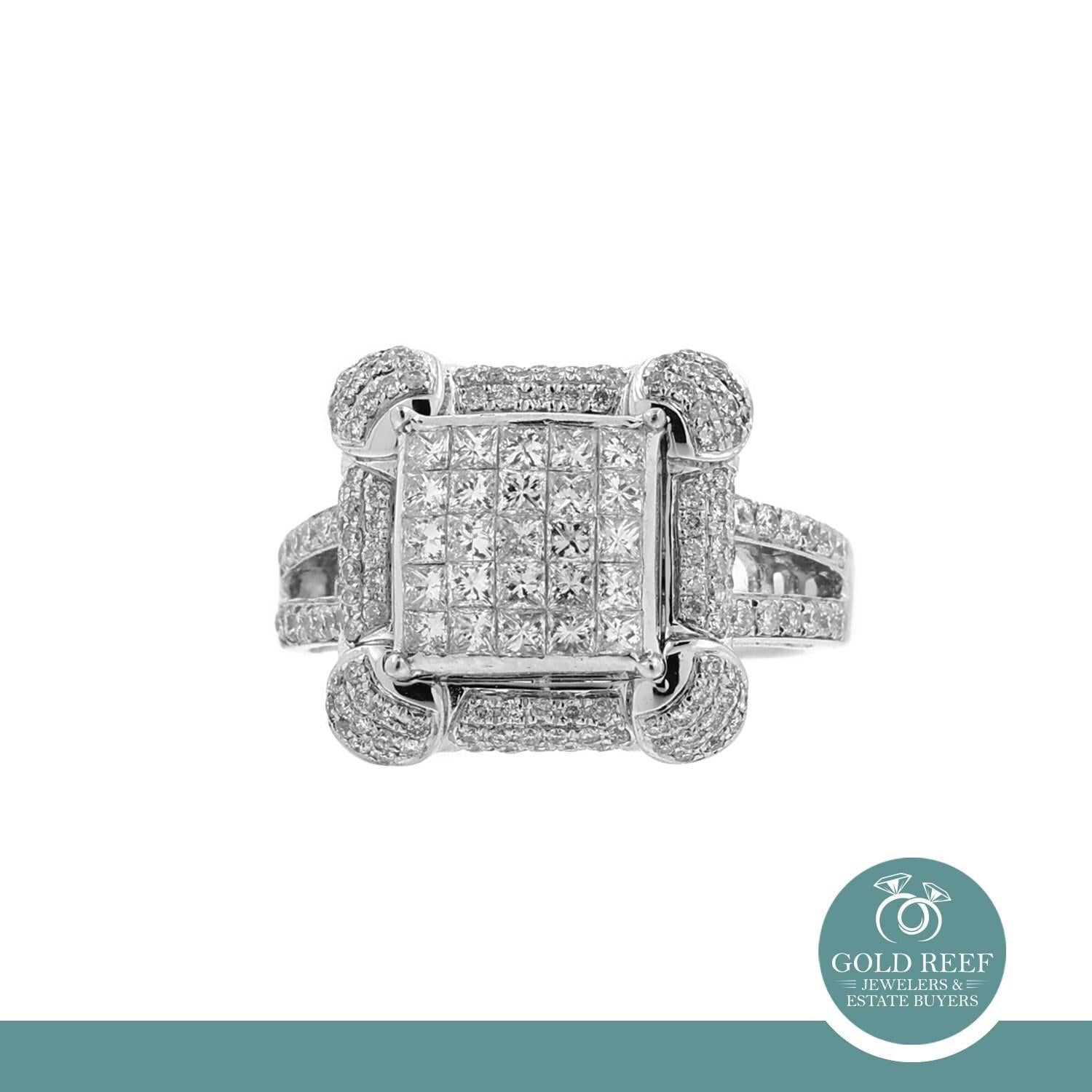 1.40 TW Princess Cut Cluster Diamond Ring White Gold Round Accents Size 5.75