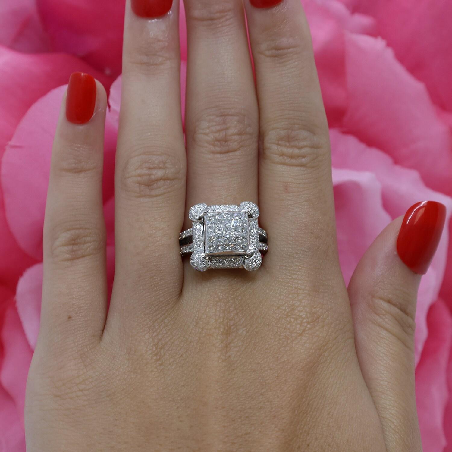 1.40 TW Princess Cut Cluster Diamond Ring White Gold Round Accents Size 5.75