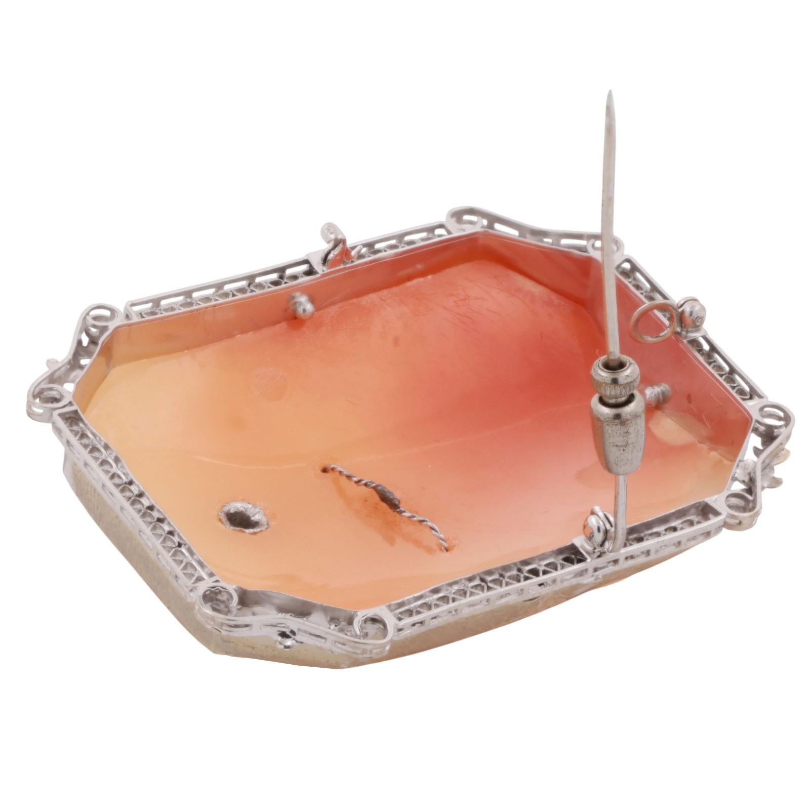 Vintage Large Art Nouveau Diamond Cameo Brooch Pin White Gold 2.25" Ladies