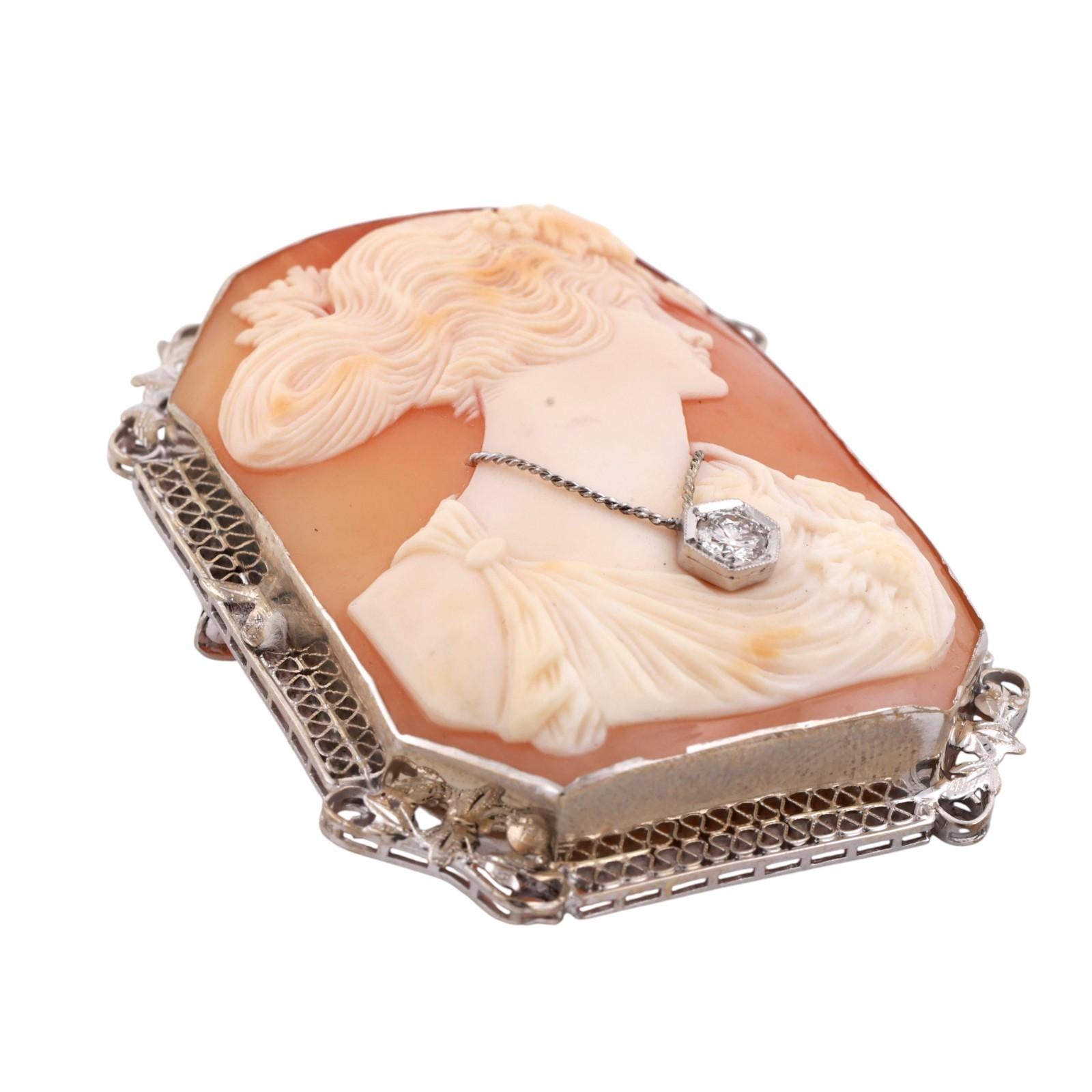 Vintage Large Art Nouveau Diamond Cameo Brooch Pin White Gold 2.25" Ladies