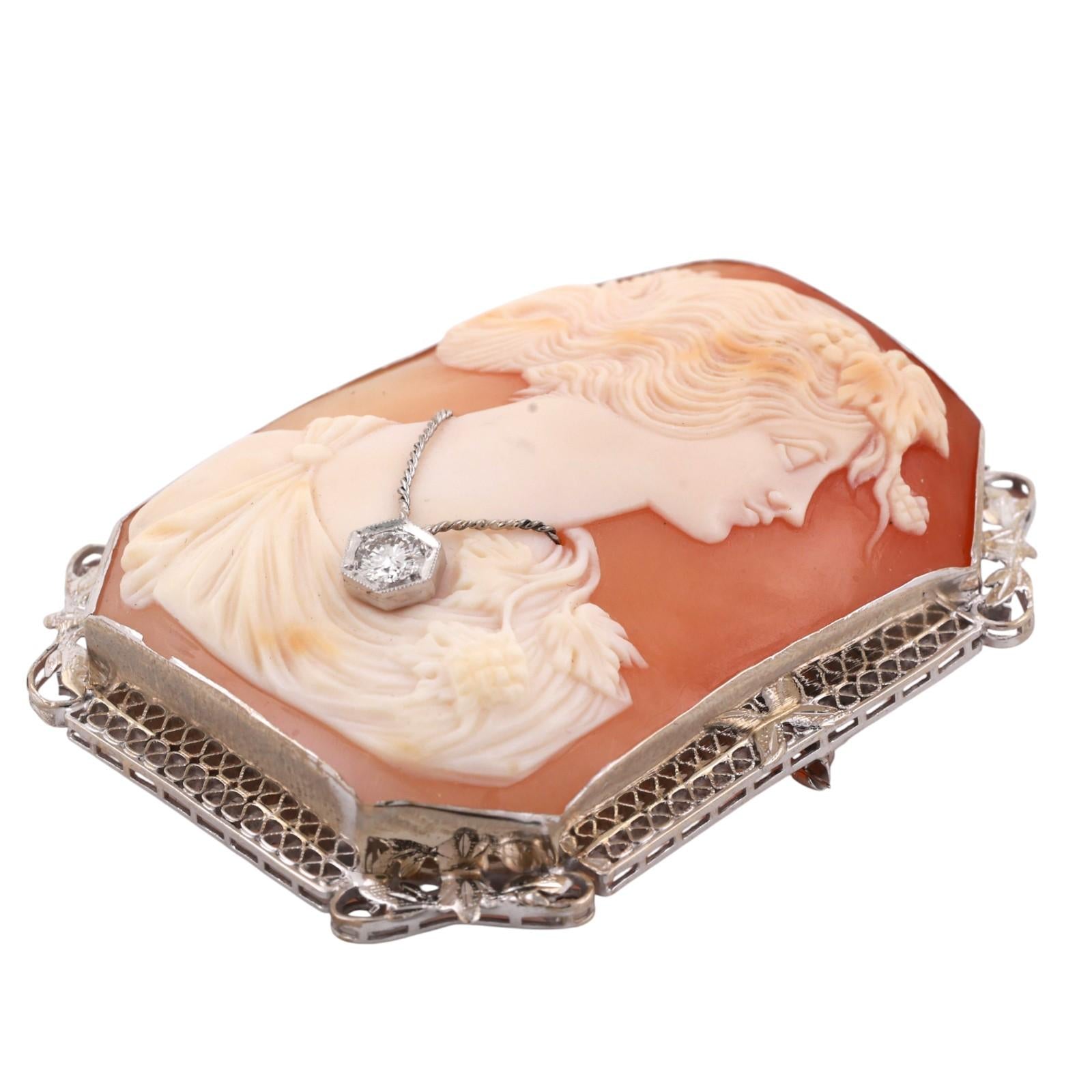 Vintage Large Art Nouveau Diamond Cameo Brooch Pin White Gold 2.25" Ladies