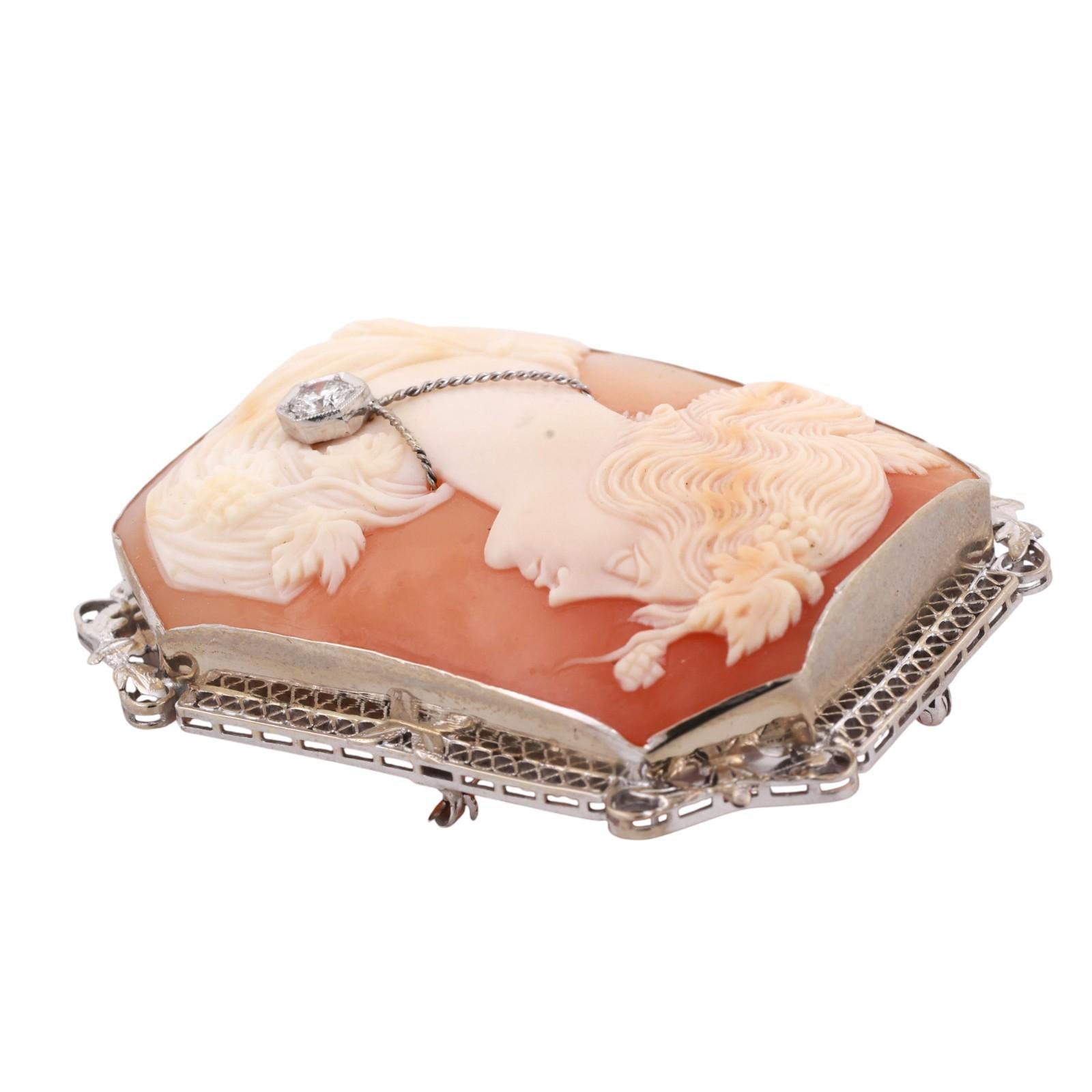 Vintage Large Art Nouveau Diamond Cameo Brooch Pin White Gold 2.25" Ladies