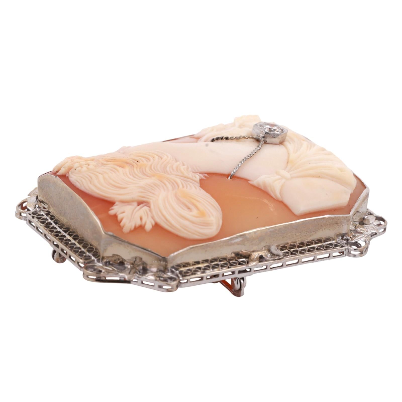 Vintage Large Art Nouveau Diamond Cameo Brooch Pin White Gold 2.25" Ladies