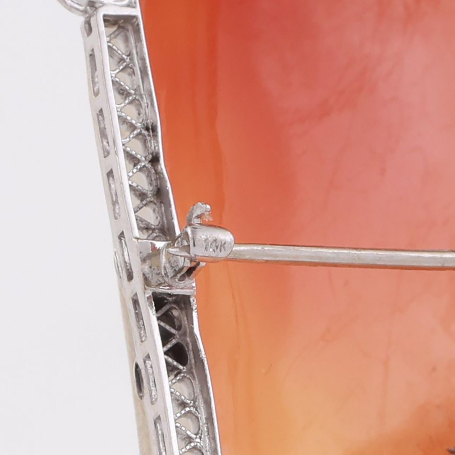 Vintage Large Art Nouveau Diamond Cameo Brooch Pin White Gold 2.25" Ladies