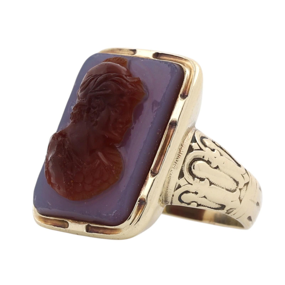 Victorian Style Two-Layer Sardonyx Chalcedony Banded Cameo Ring 14K Yellow Gold