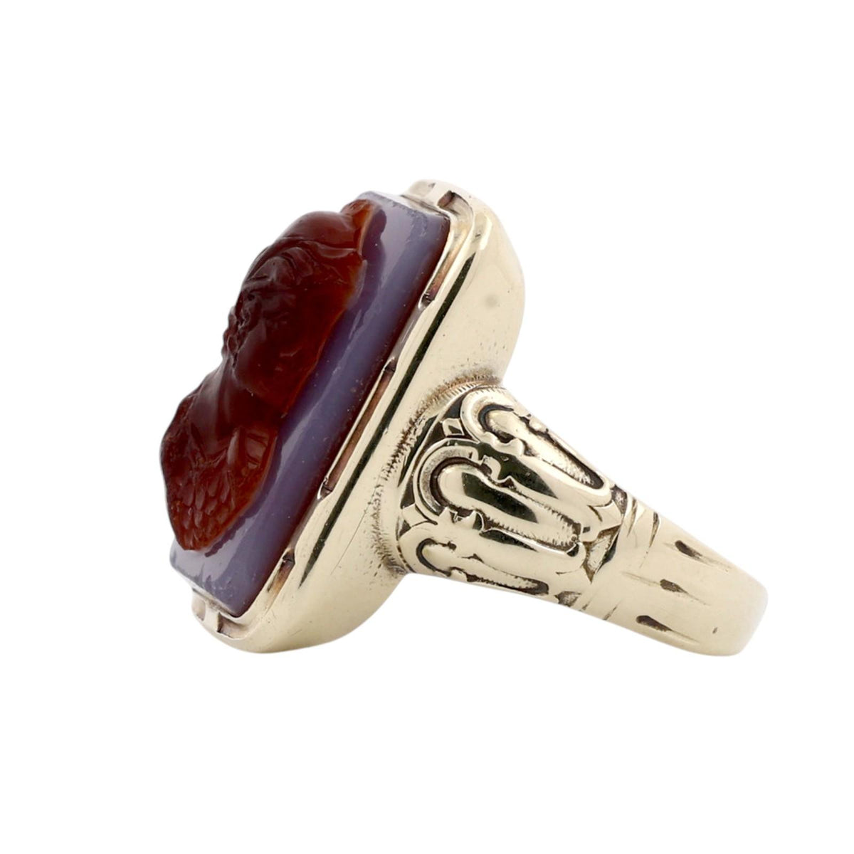 Victorian Style Two-Layer Sardonyx Chalcedony Banded Cameo Ring 14K Yellow Gold