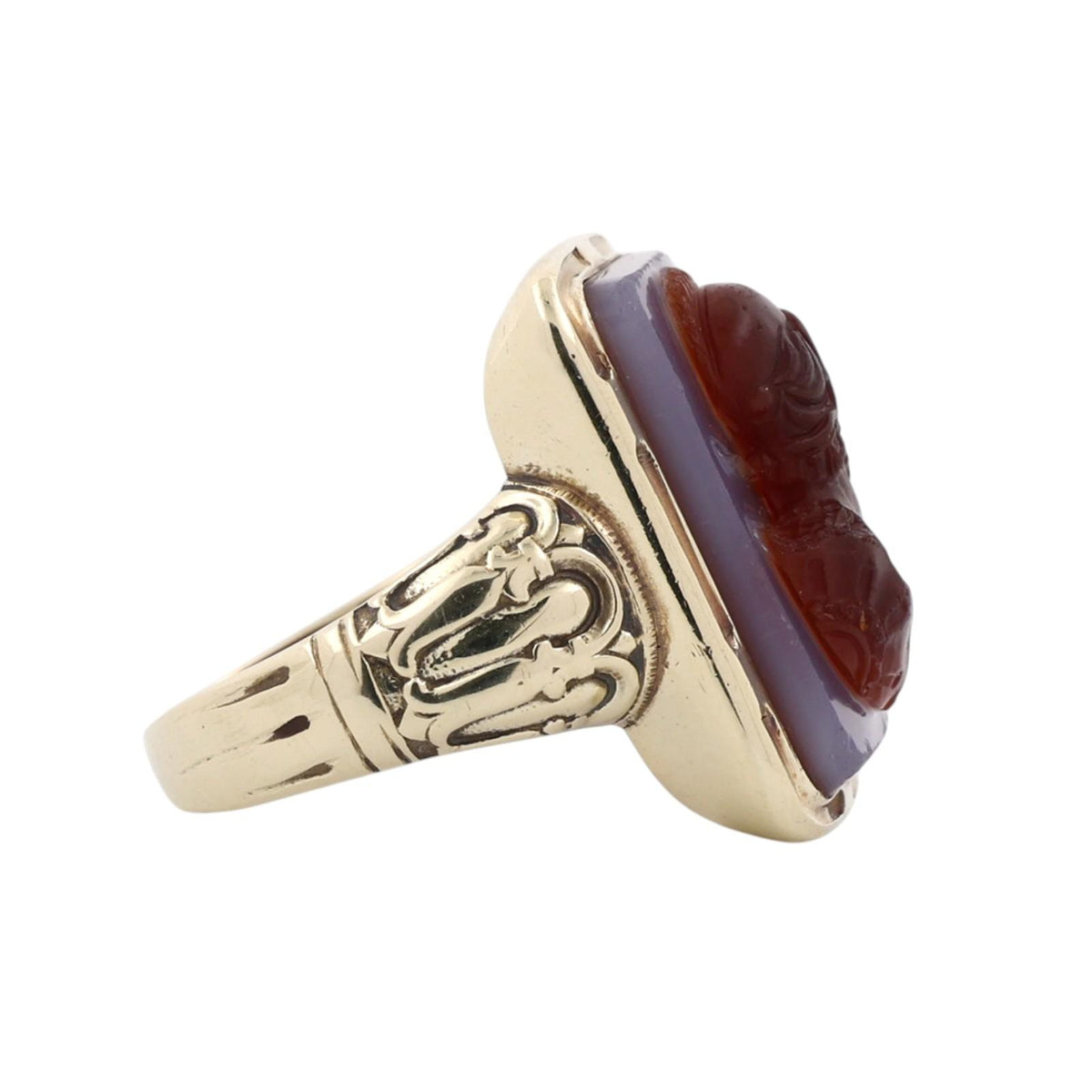 Victorian Style Two-Layer Sardonyx Chalcedony Banded Cameo Ring 14K Yellow Gold