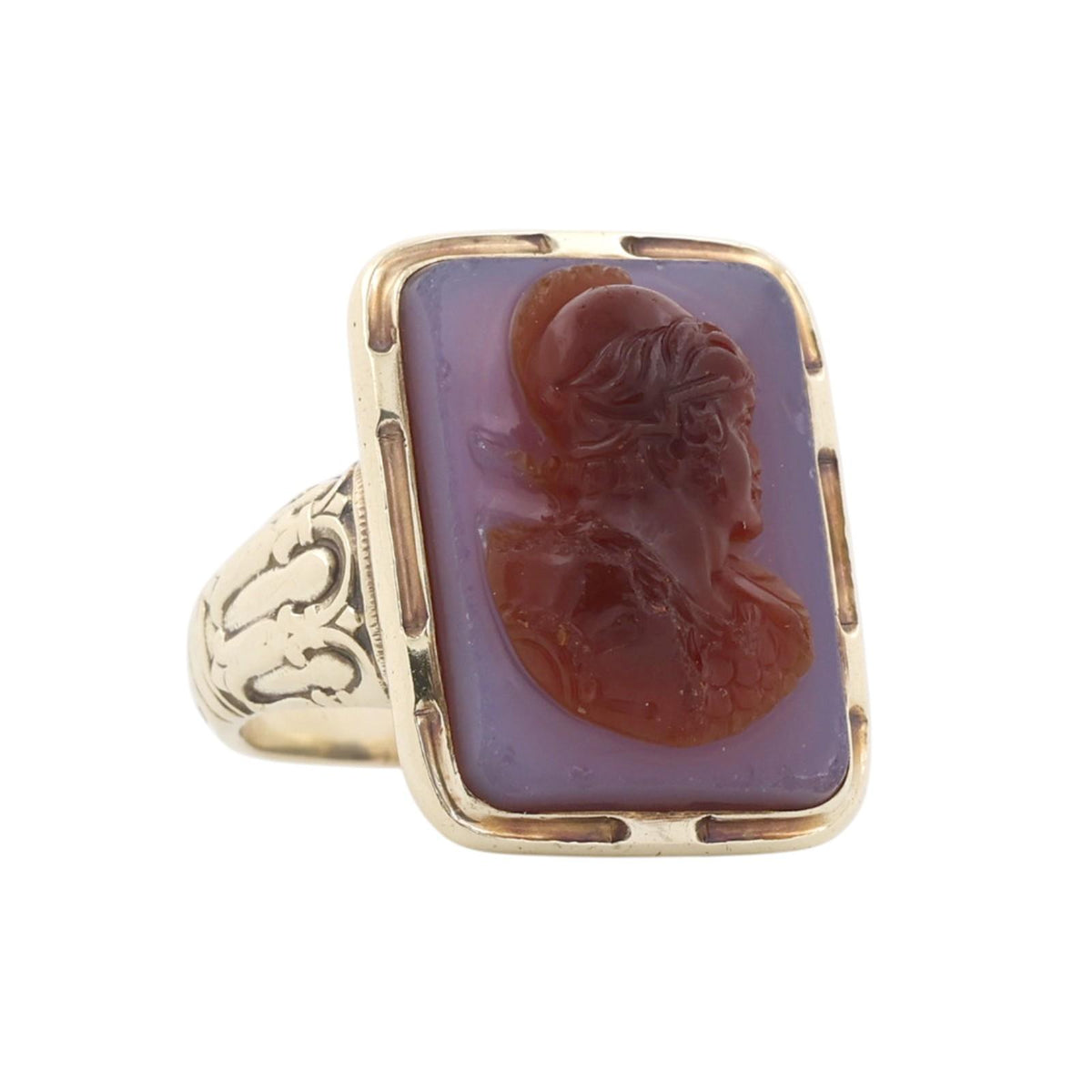Victorian Style Two-Layer Sardonyx Chalcedony Banded Cameo Ring 14K Yellow Gold