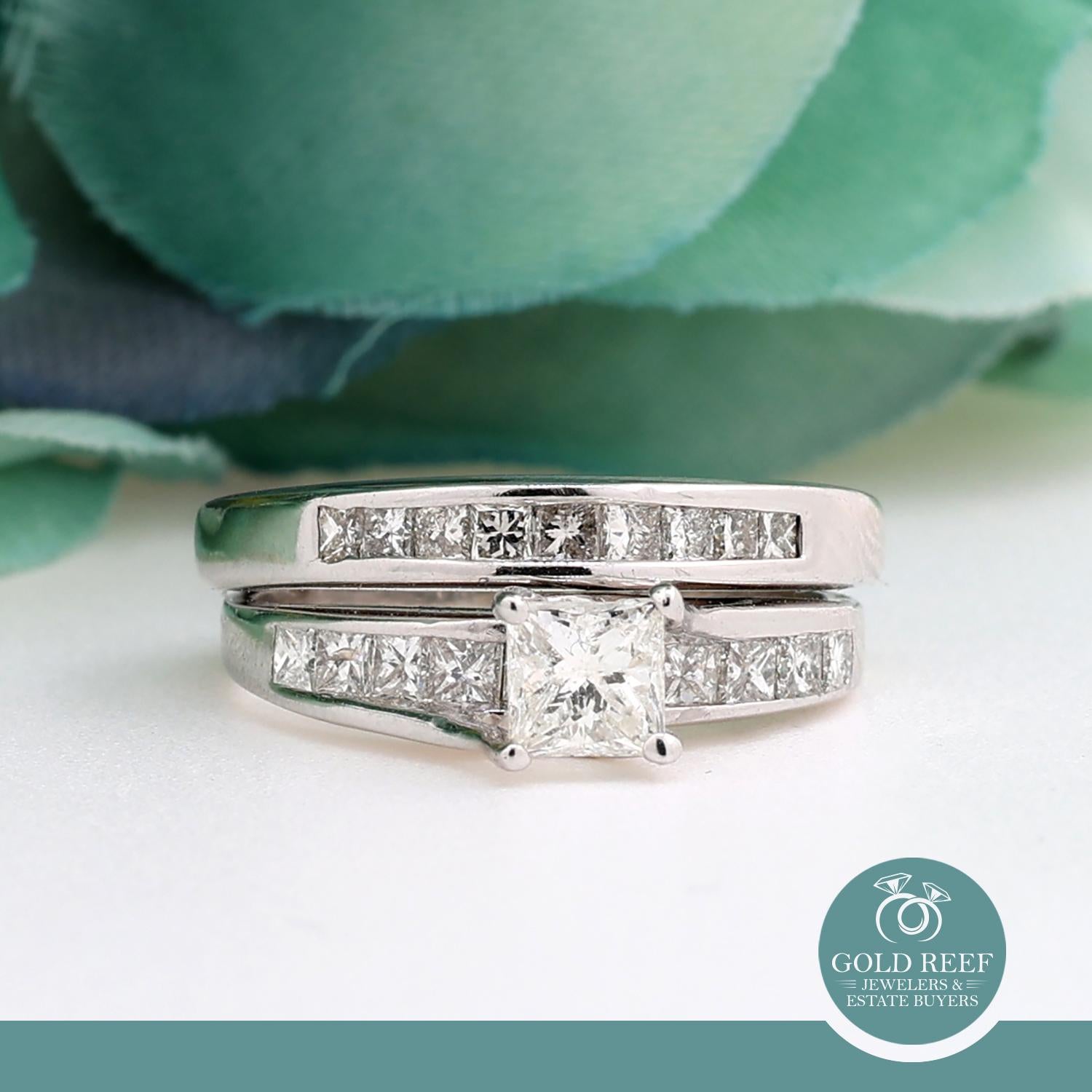 1.50 TW Solitaire Princess Cut Diamond Wedding Ring Set 14K White Gold Size 5.5