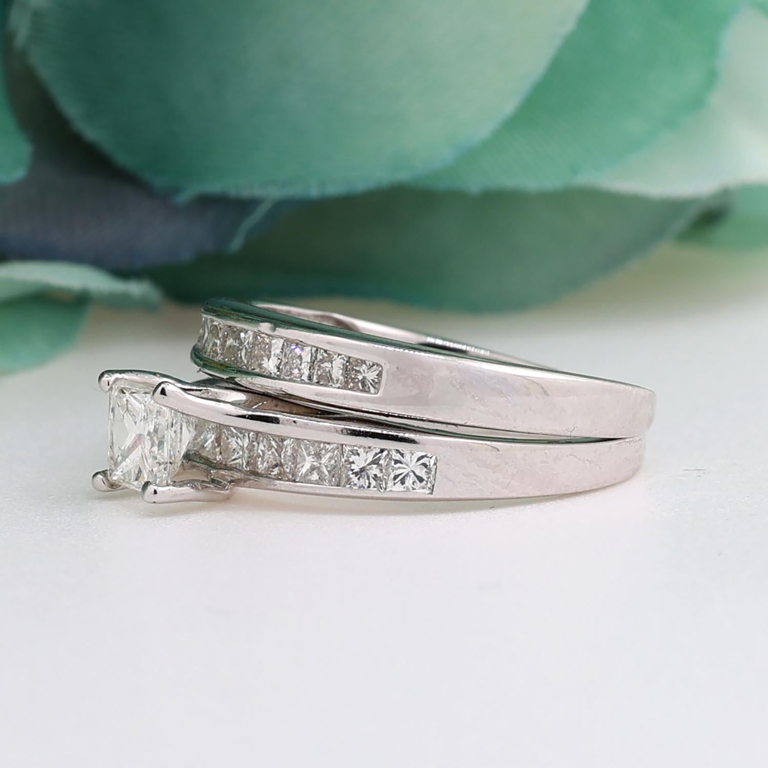 1.50 TW Solitaire Princess Cut Diamond Wedding Ring Set 14K White Gold Size 5.5