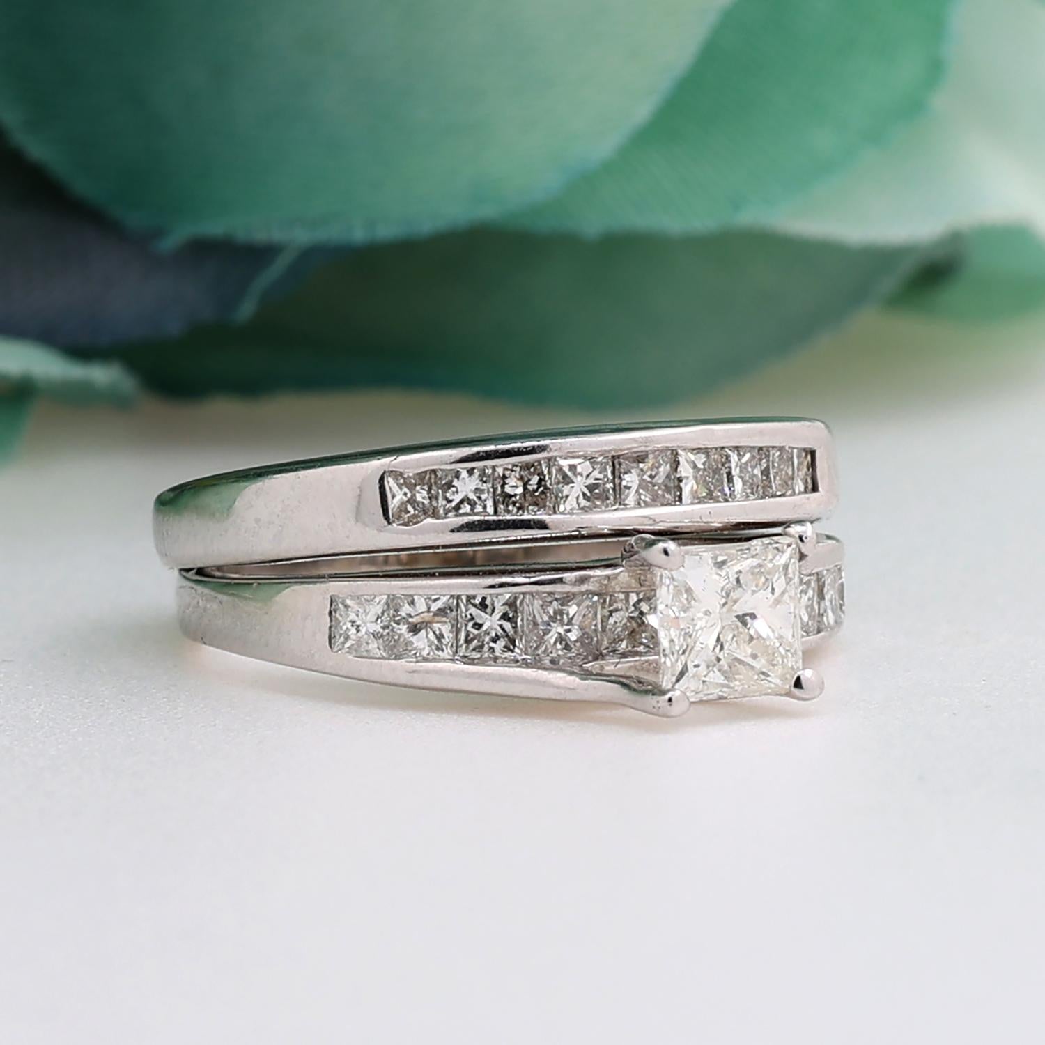 1.50 TW Solitaire Princess Cut Diamond Wedding Ring Set 14K White Gold Size 5.5