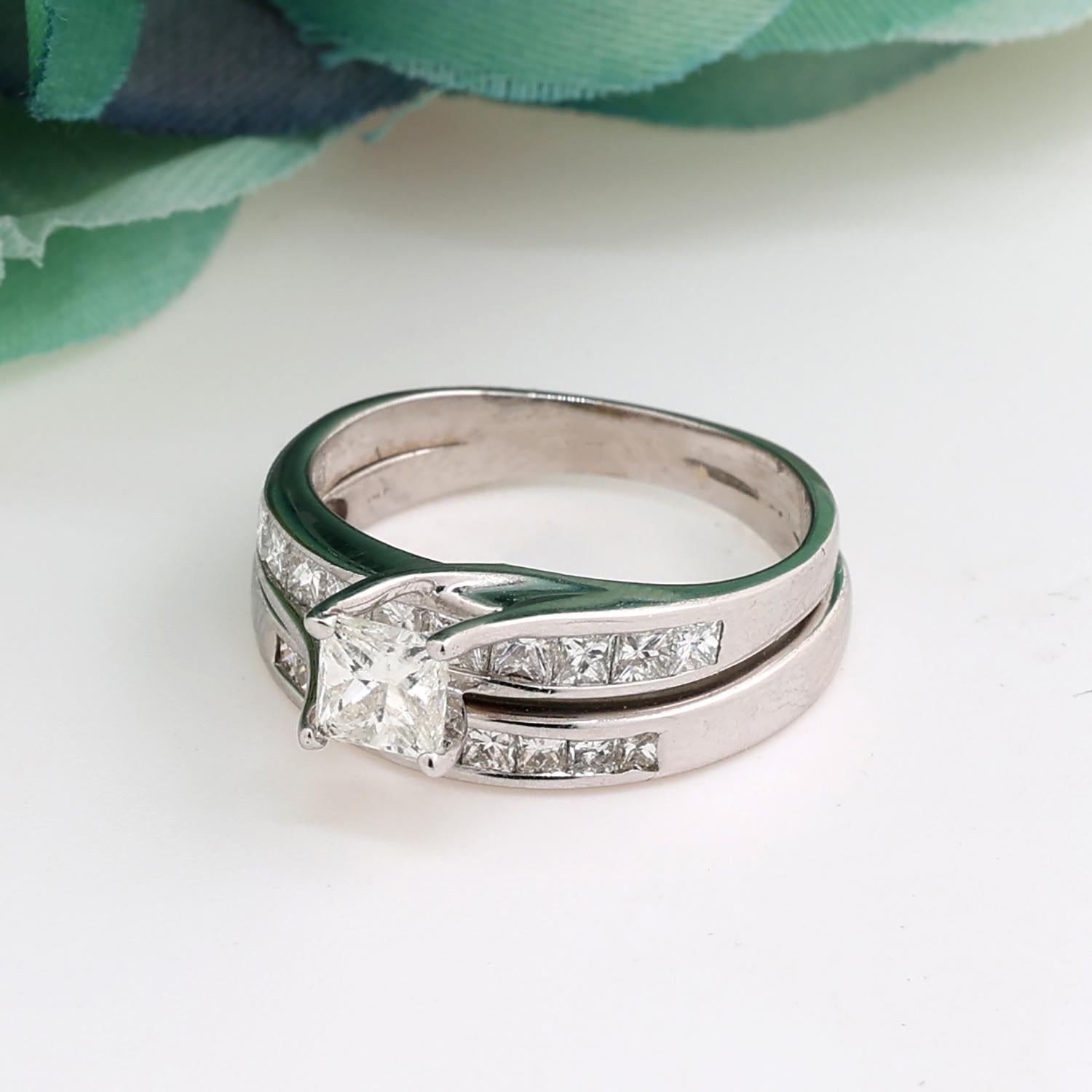 1.50 TW Solitaire Princess Cut Diamond Wedding Ring Set 14K White Gold Size 5.5