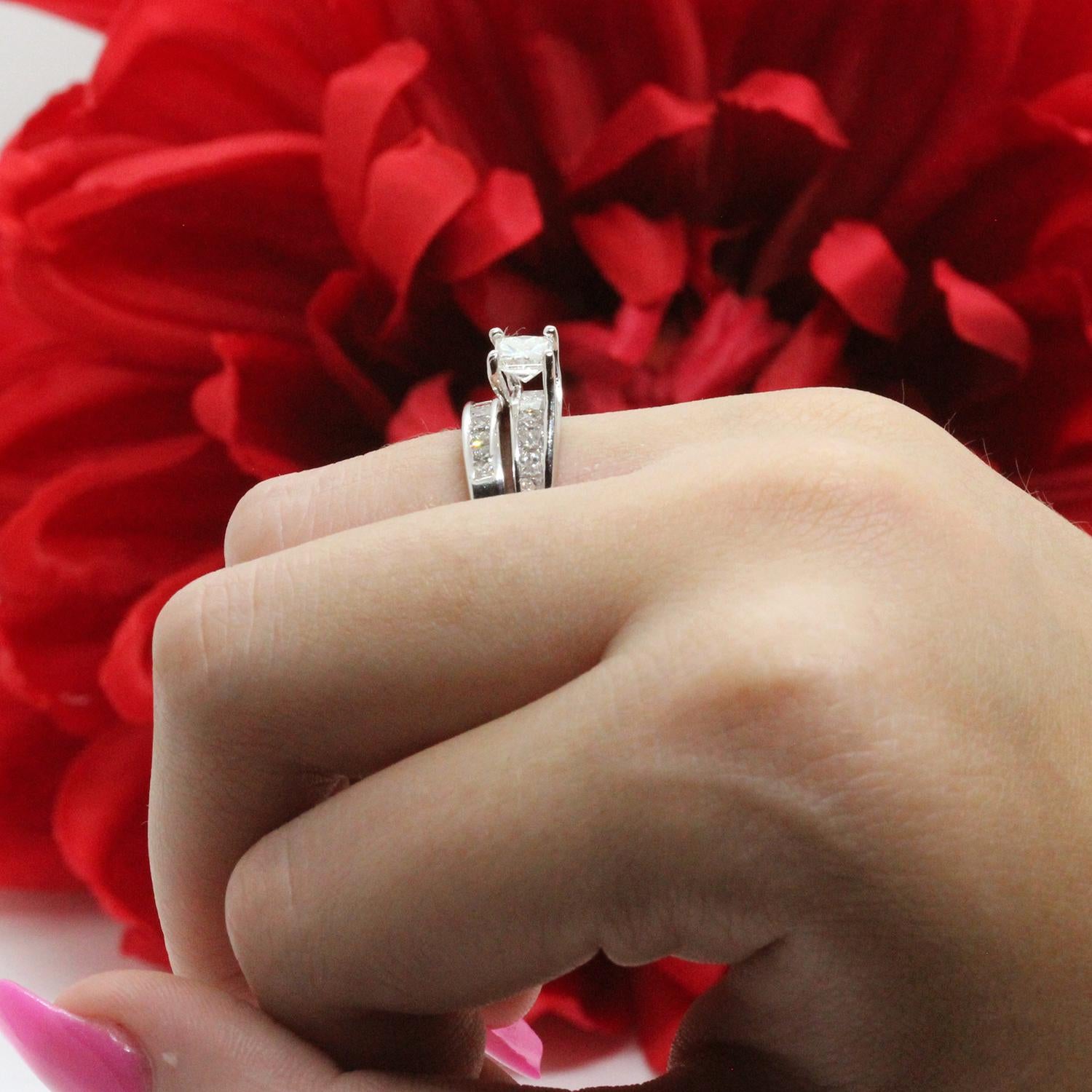 1.50 TW Solitaire Princess Cut Diamond Wedding Ring Set 14K White Gold Size 5.5