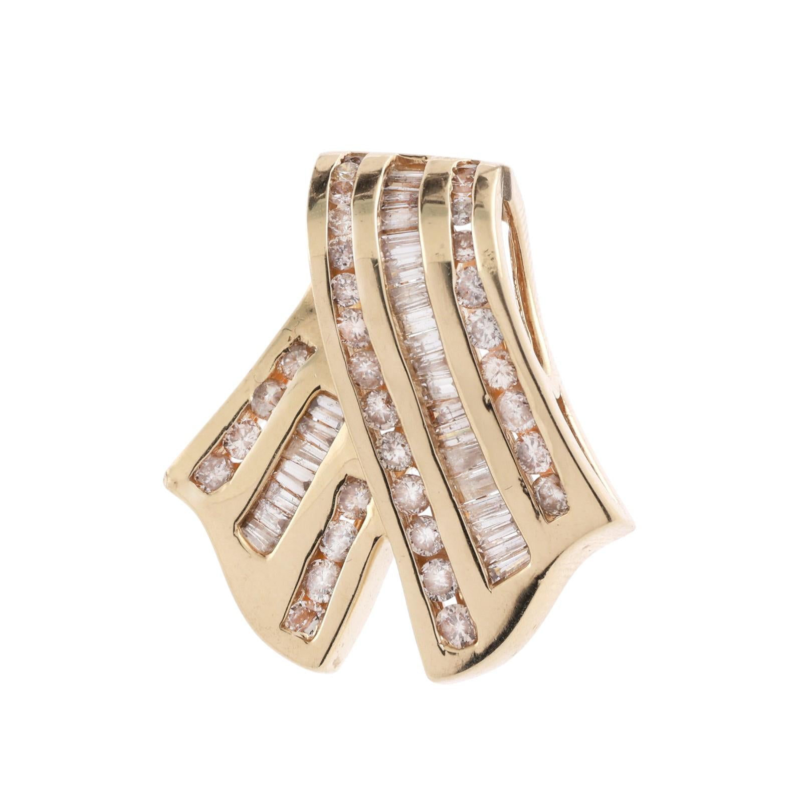 2.00 TW Baguette Round Diamond Slider Pendant 14K Yellow Gold 1.25" Ladies