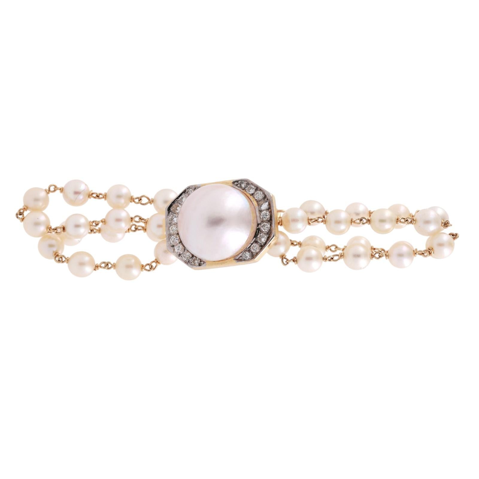 Cultured Mabe Pearl Diamond Slider Attachment 14K Yellow Gold 1" Ladies Estate