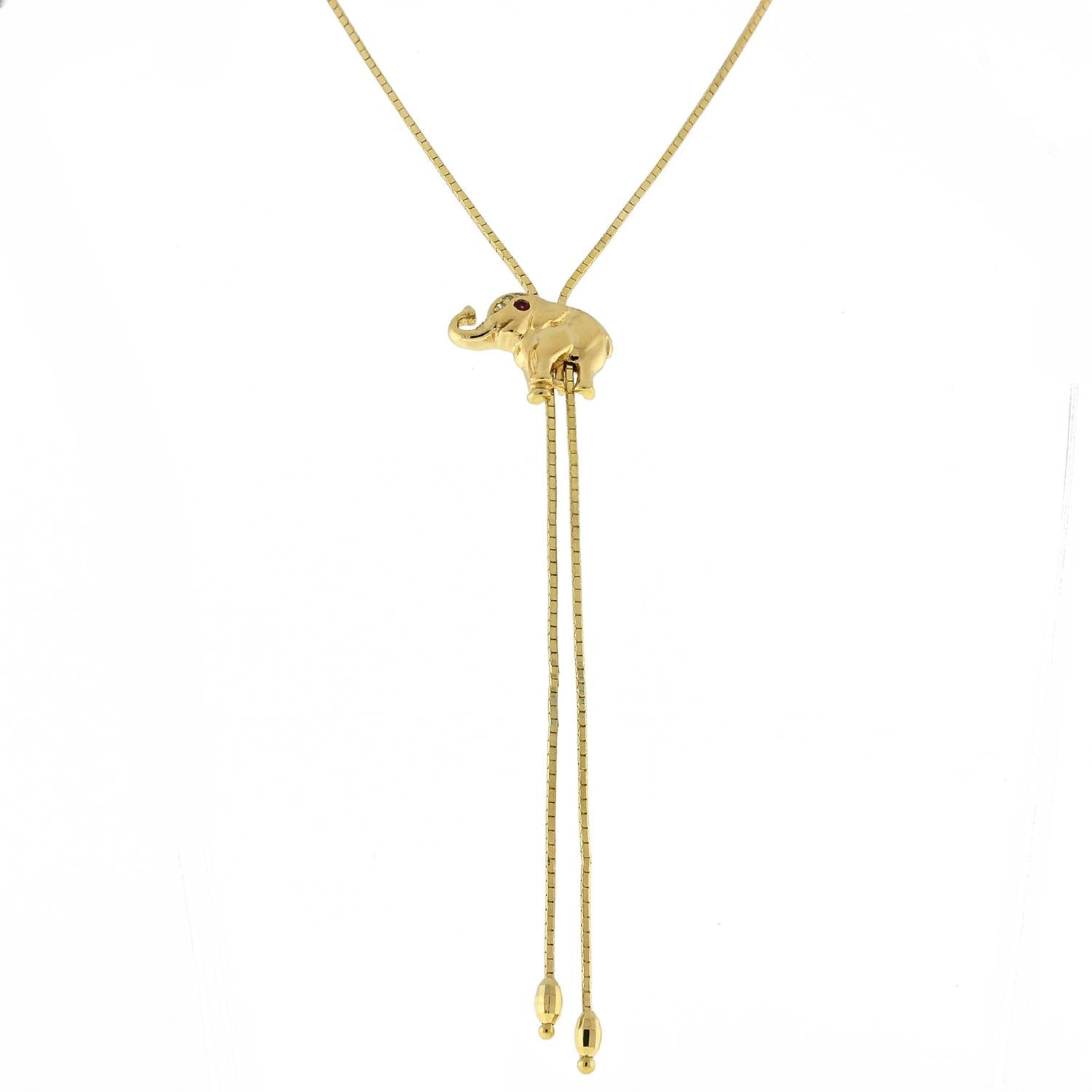 Elephant Lariat Y Necklace 14K Yellow Gold Ruby Diamonds 15" Adjustable Toggle