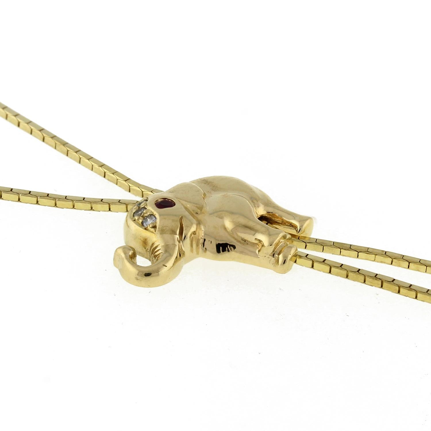 Elephant Lariat Y Necklace 14K Yellow Gold Ruby Diamonds 15" Adjustable Estate