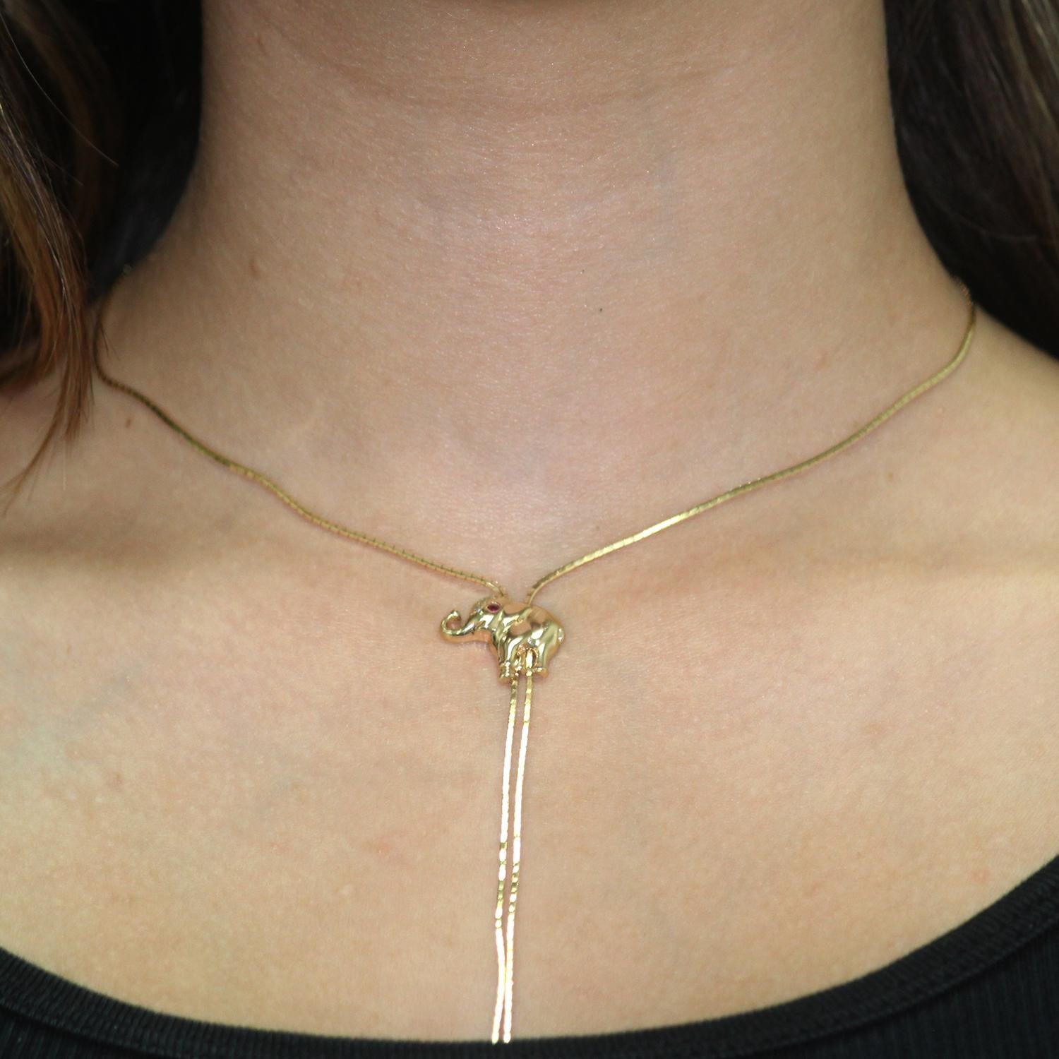 Elephant Lariat Y Necklace 14K Yellow Gold Ruby Diamonds 15" Adjustable Toggle