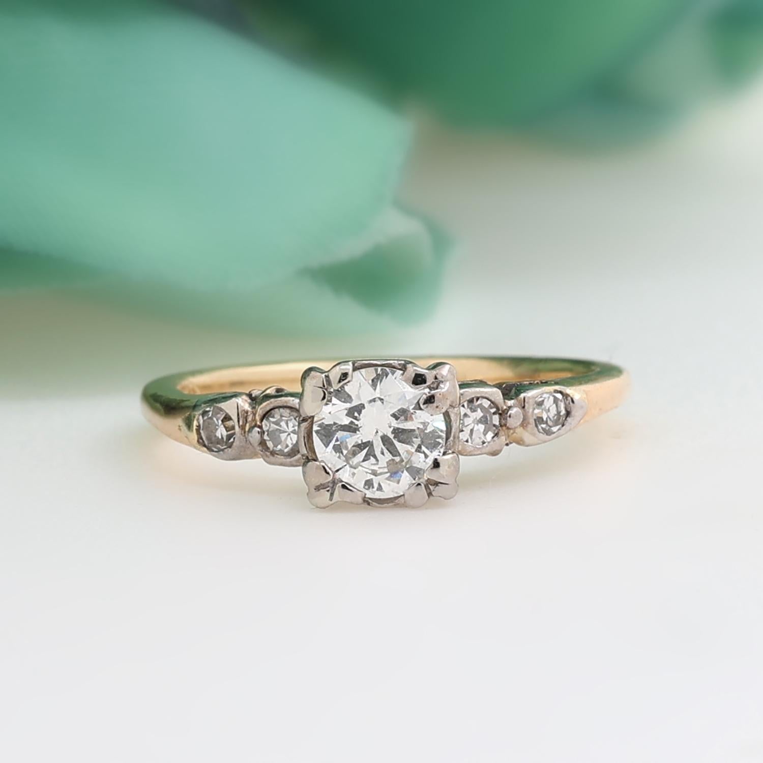 0.65 TW Diamond Vintage Engagement Ring Solitaire W/Accents 14K Gold Size 6