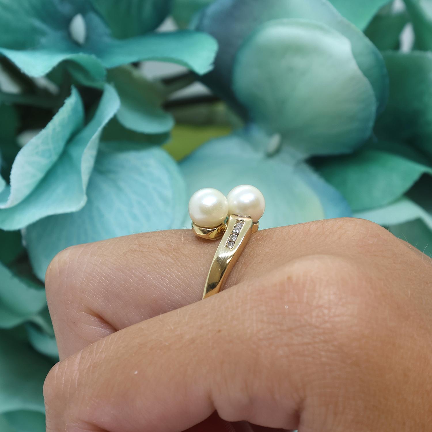 Freshwater Pearl Diamond Accent Bypass Ring 14K Yellow Gold Size 7.25 Vintage