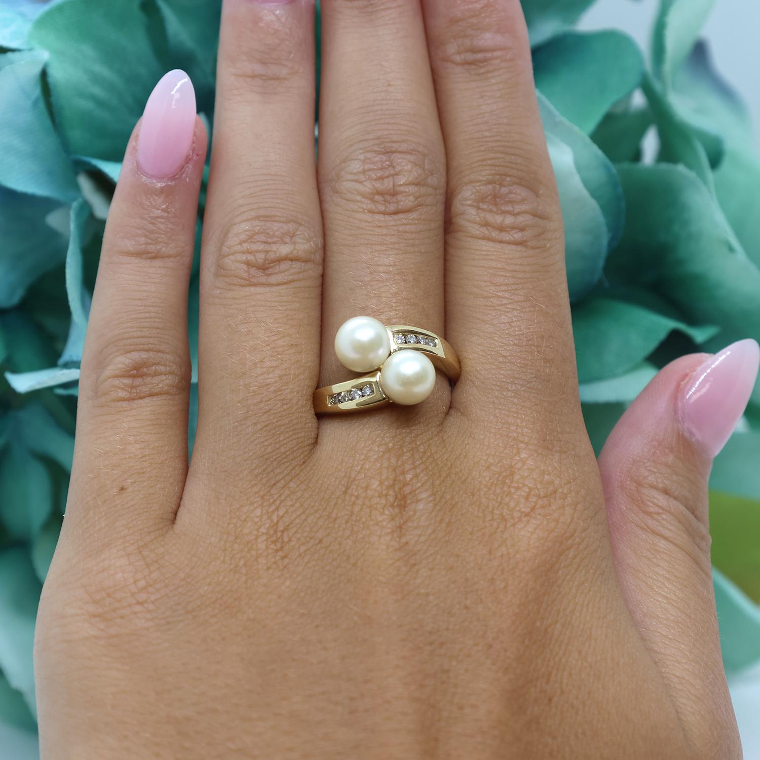 Freshwater Pearl Diamond Accent Bypass Ring 14K Yellow Gold Size 7.25 Vintage