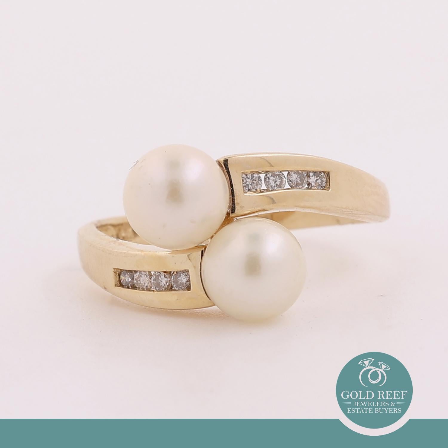 Freshwater Pearl Diamond Accent Bypass Ring 14K Yellow Gold Size 7.25 Vintage