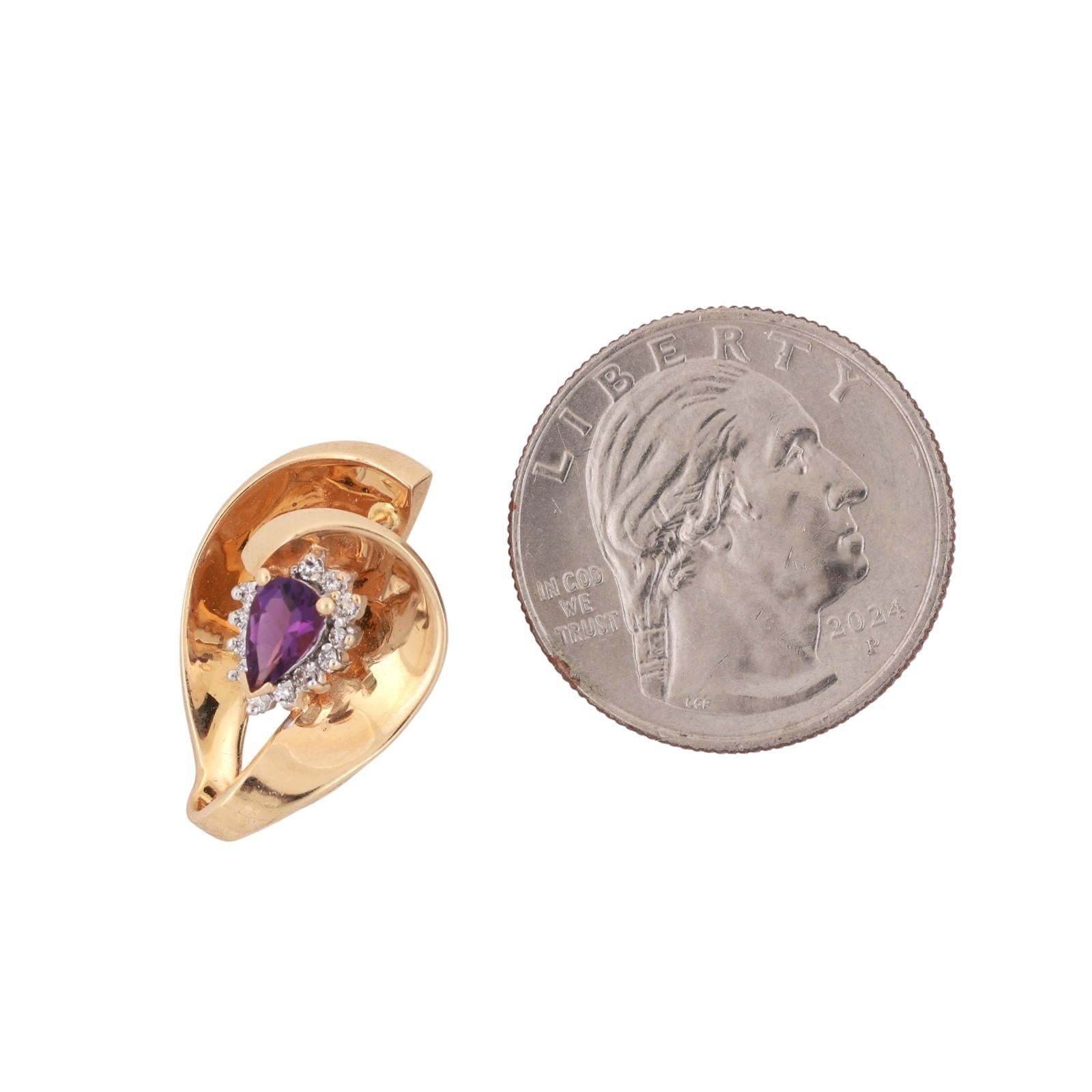 Pear Amethyst Diamond Swirl Pendant 14K Yellow Gold 0.50 CTW 1" Ladies Estate