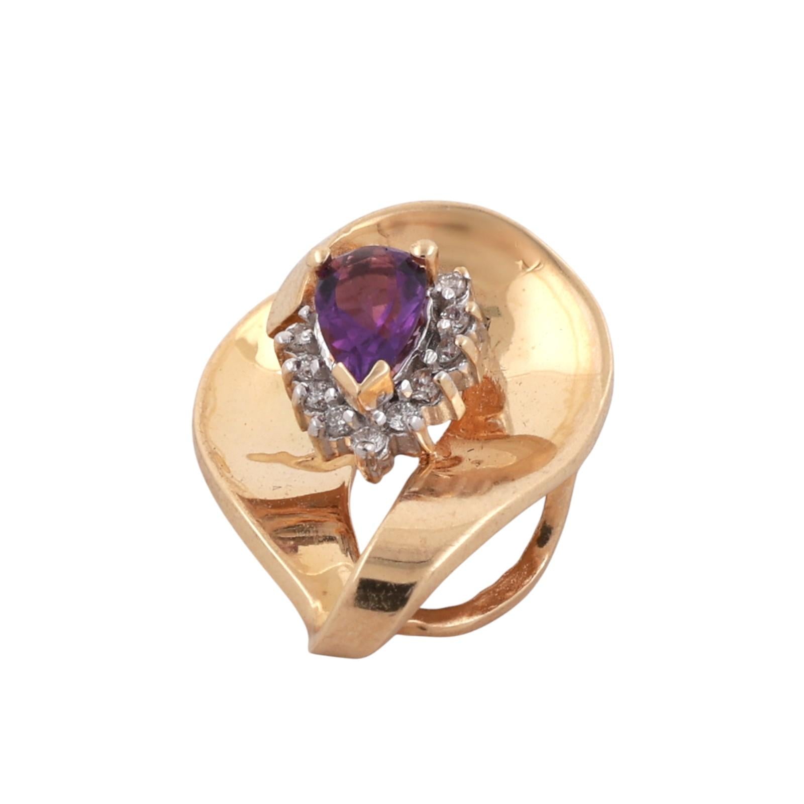 Pear Amethyst Diamond Swirl Pendant 14K Yellow Gold 0.50 CTW 1" Ladies Estate