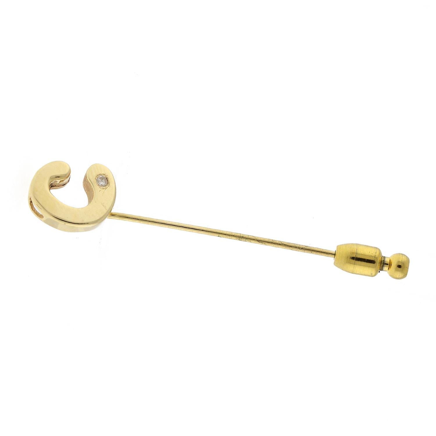 Letter C Pin Brooch Diamond Accent Yellow Gold 2" Vintage Estate