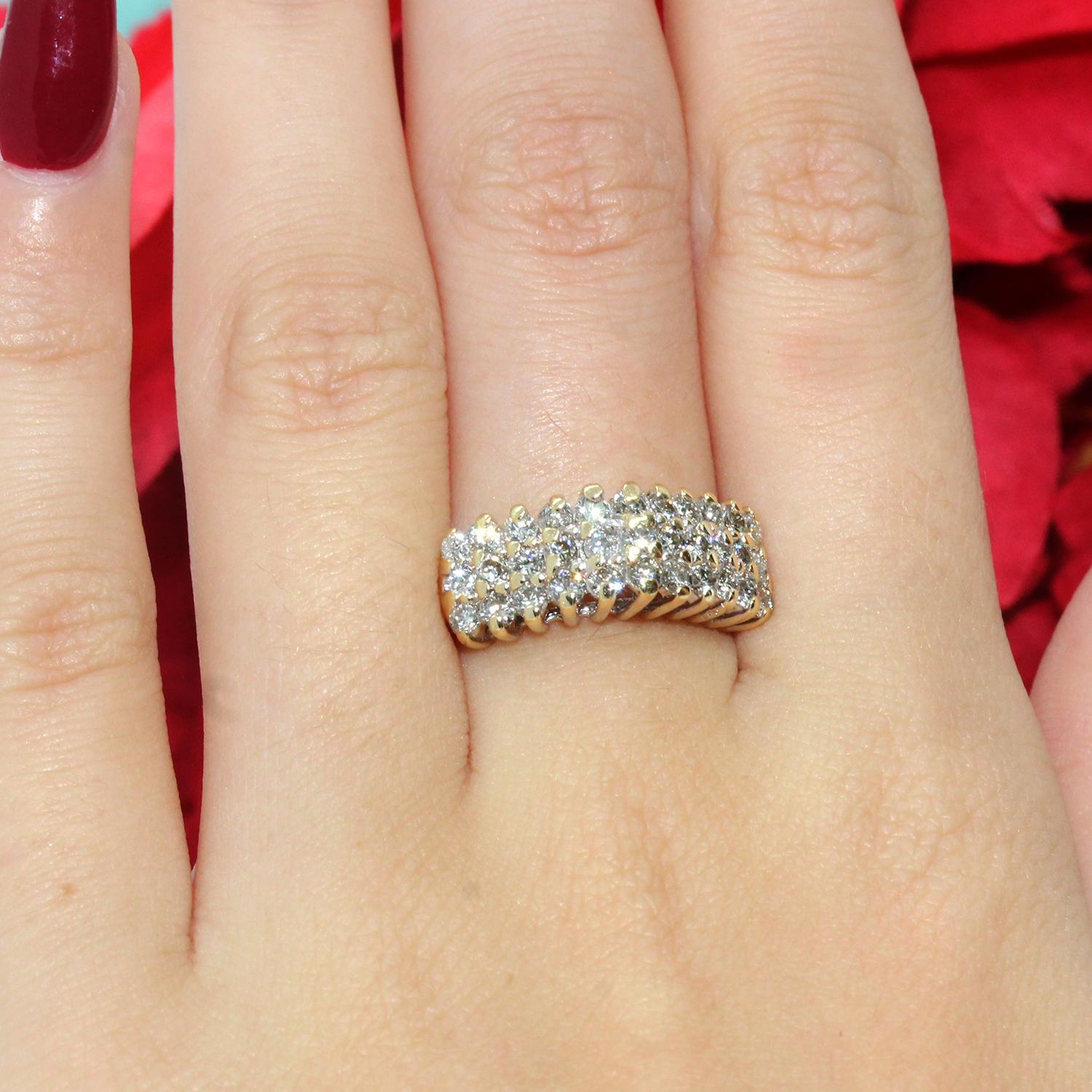 3-Row Diamond Dome Ring 14K Gold 1.00 TW Round Diamonds Size 4.25 Estate