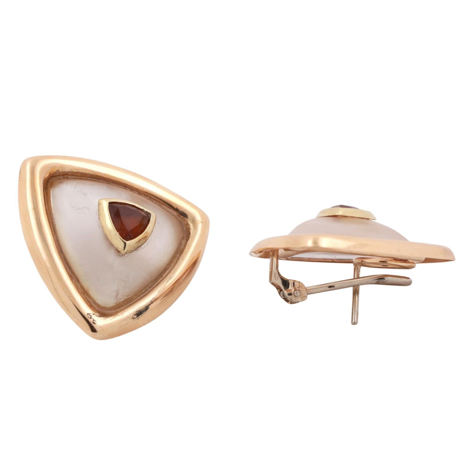 Rock Crystal Citrine Gems Triangle Stud Earrings 14K Gold 1" Omega Backs Ladies