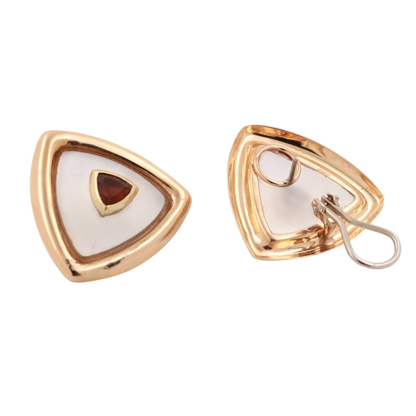 Rock Crystal Citrine Gems Triangle Stud Earrings 14K Gold 1" Omega Backs Ladies