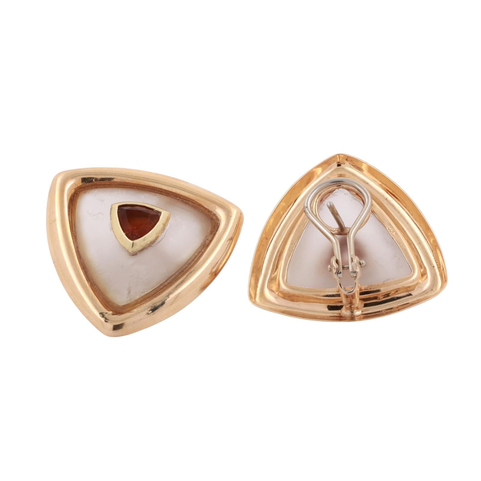 Rock Crystal Citrine Gems Triangle Stud Earrings 14K Gold 1" Omega Backs Ladies