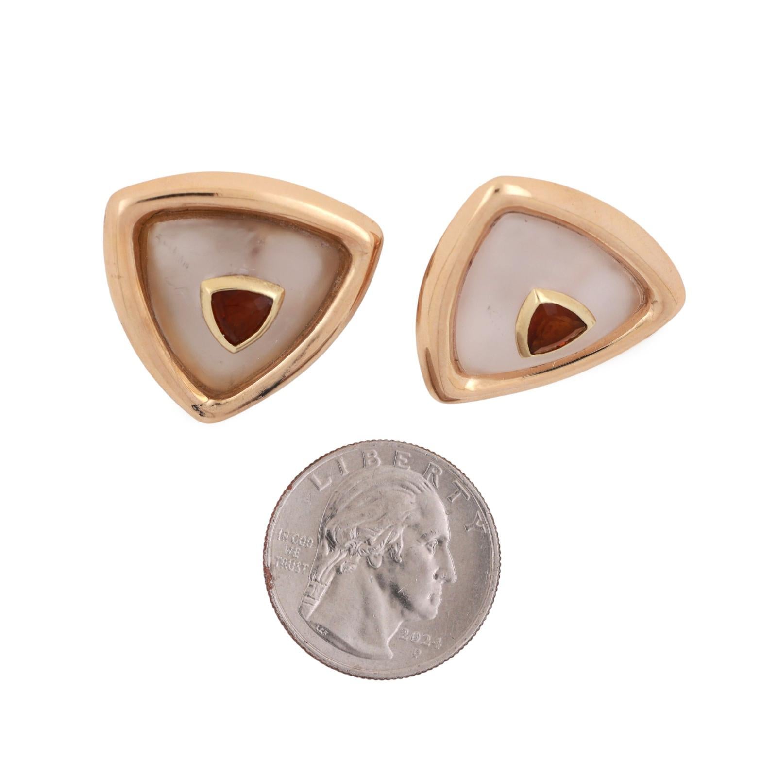 Rock Crystal Citrine Gems Triangle Stud Earrings 14K Gold 1" Omega Backs Ladies