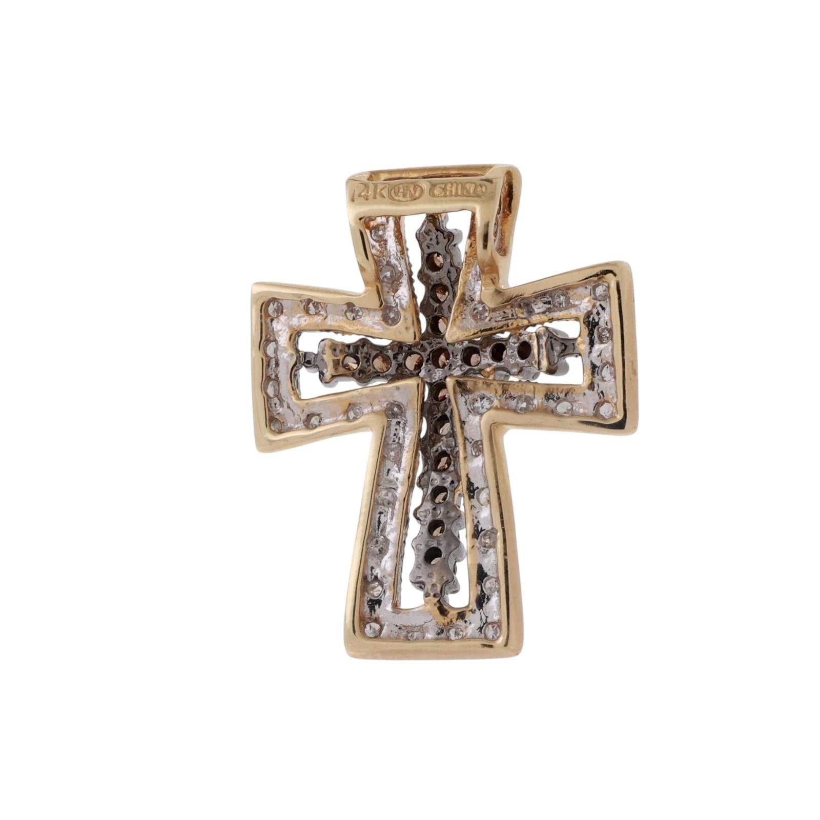 Diamond Cross Pendant Charm 14K Gold 0.66 TW Cognac White Diamonds 0.90"