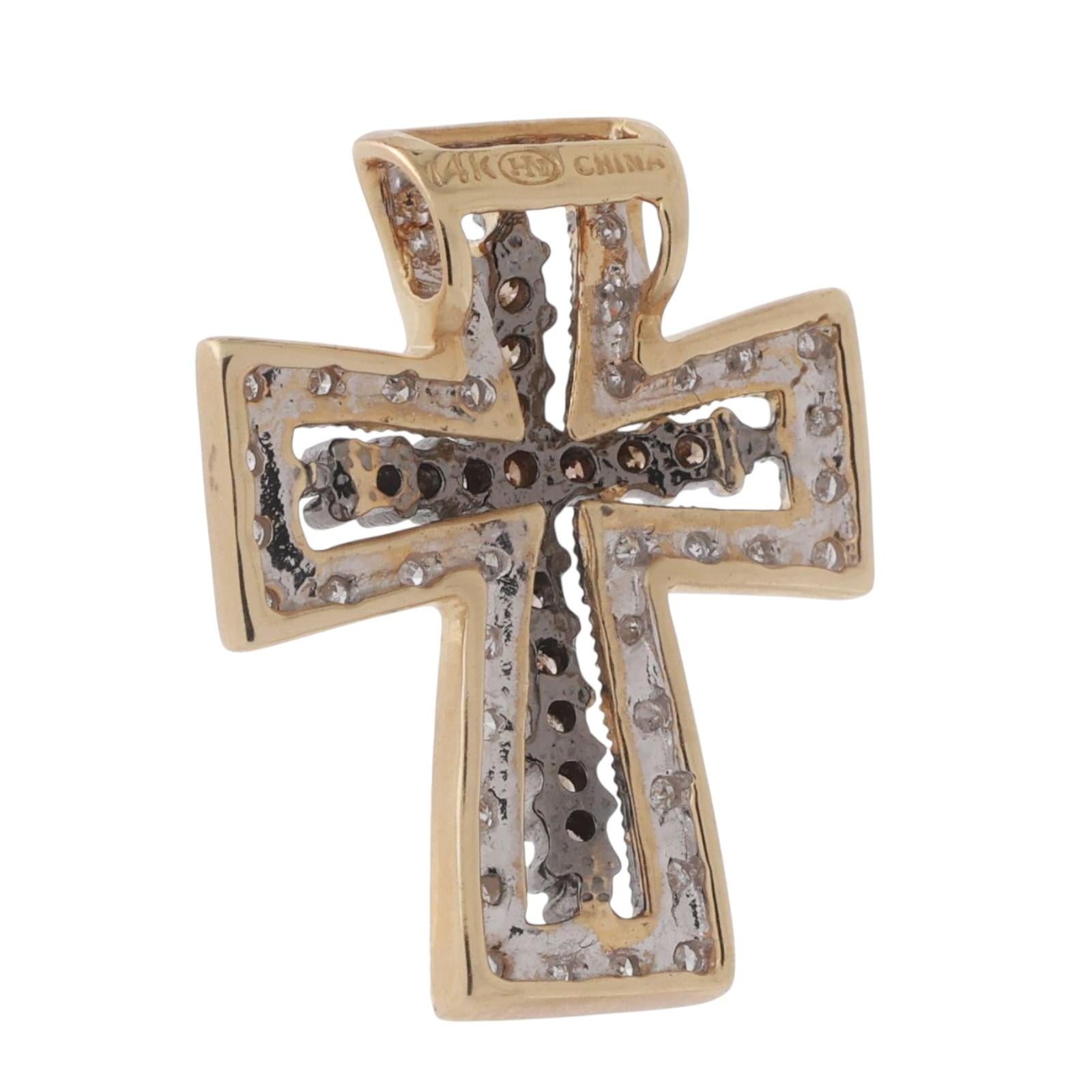 Diamond Cross Pendant Charm 14K Gold 0.66 TW Cognac White Diamonds 0.90"