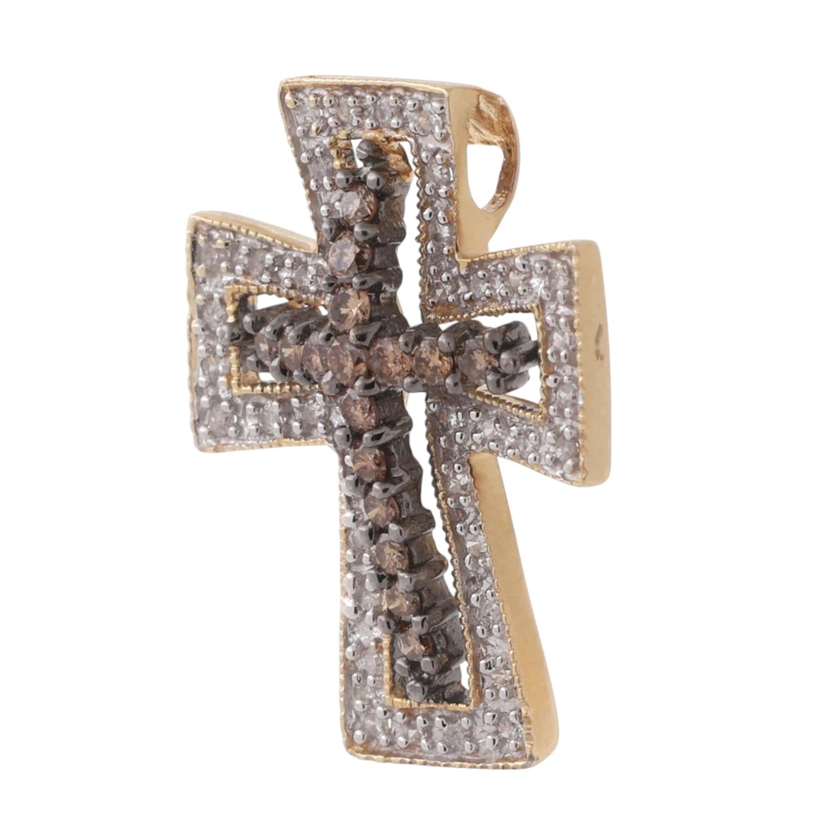 Diamond Cross Pendant Charm 14K Gold 0.66 TW Cognac White Diamonds 0.90"