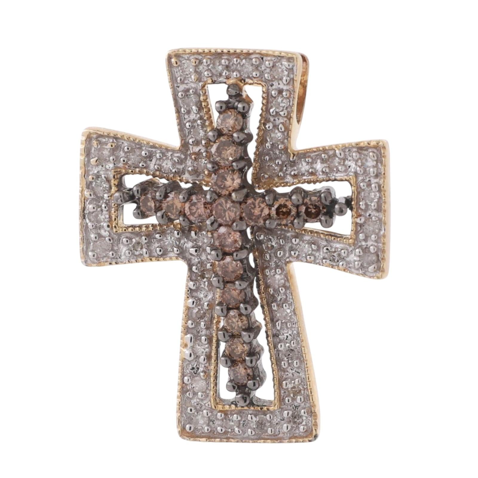 Diamond Cross Pendant Charm 14K Gold 0.66 TW Cognac White Diamonds 0.90"